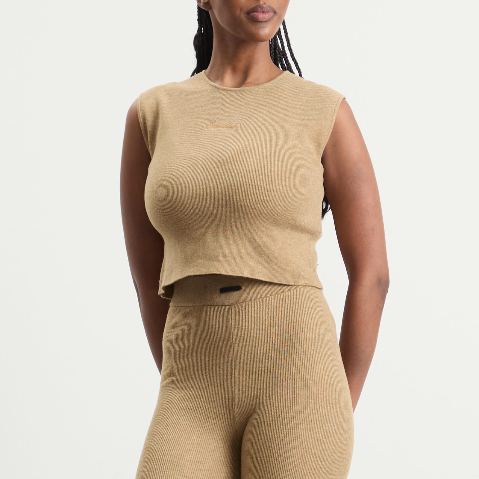 Fear of God ESSENTIALS Signature Rib Knit Cropped Rib Top in Dune - Taupe. L also in M, S