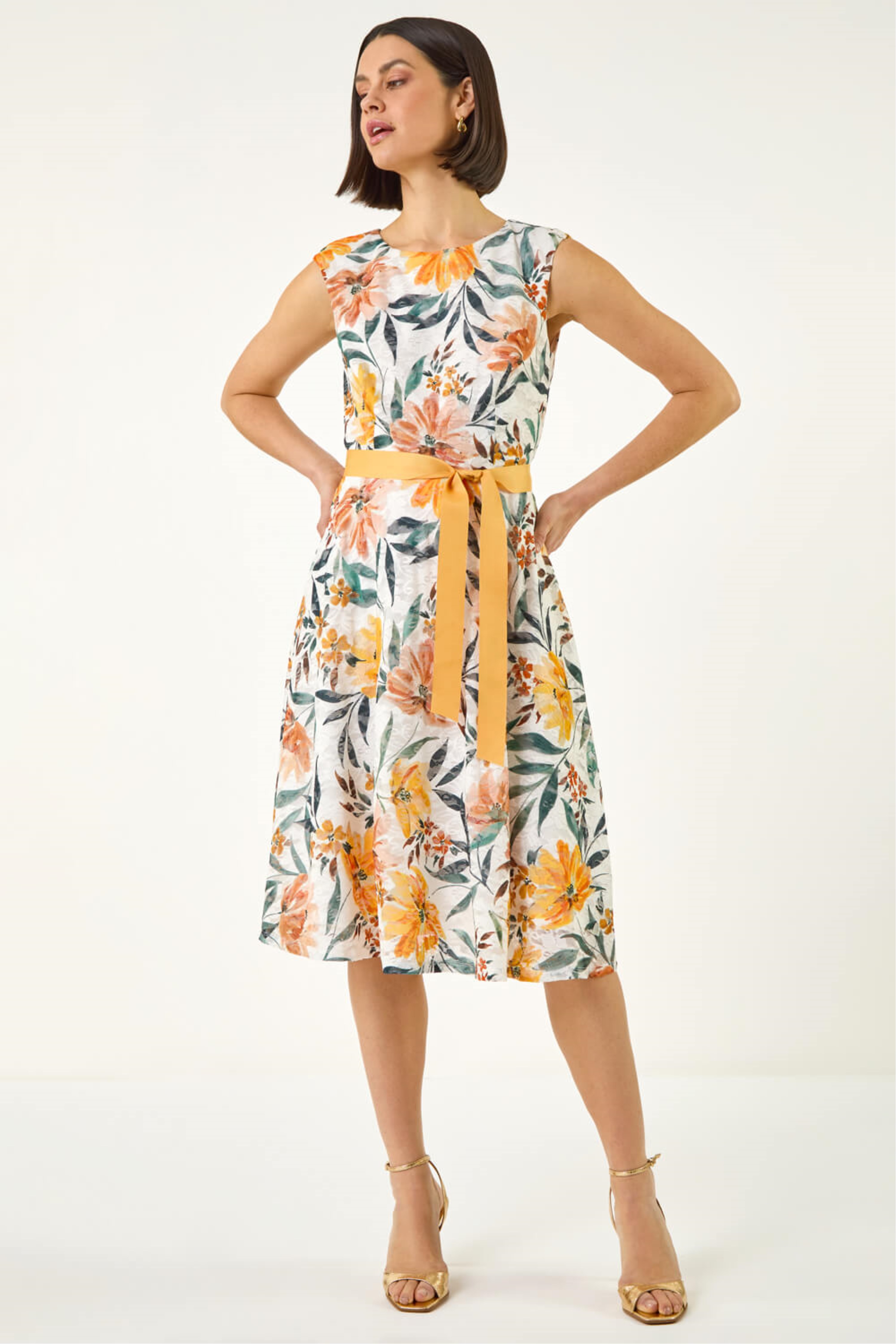 Roman Womens Floral Print Lace Stretch Dress - Ivory