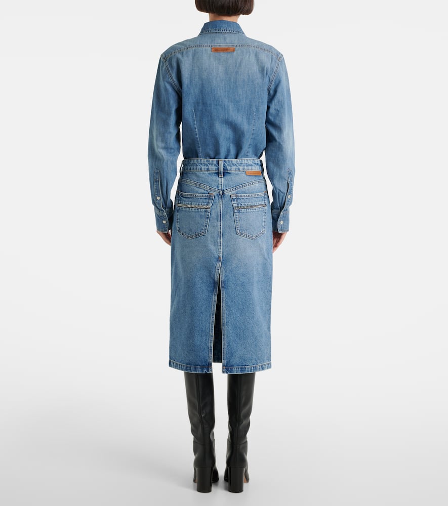 Chain-detail denim midi skirt