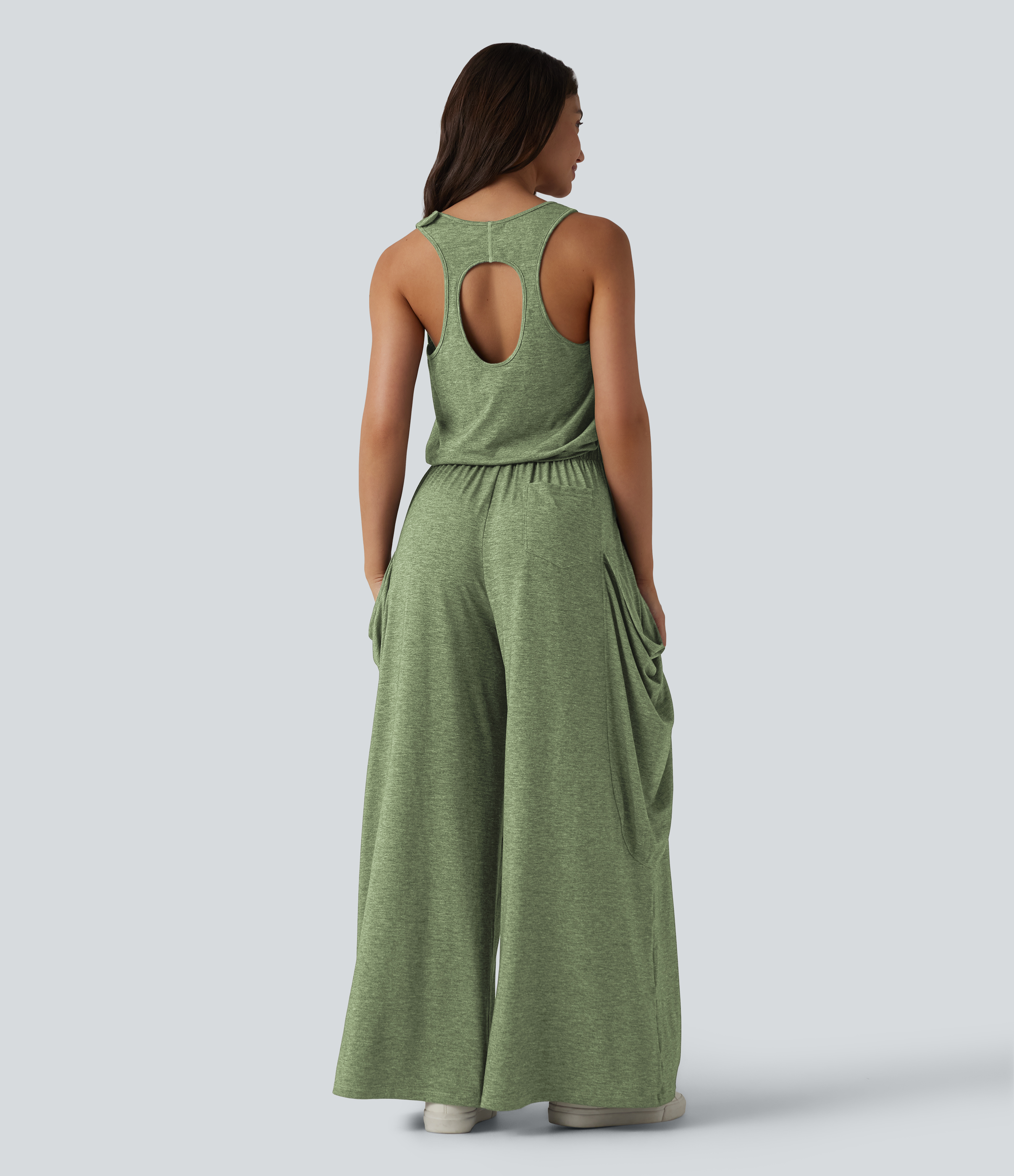 Sleeveless Cut Out Wide Leg Casual Jumpsuit with Pockets-Easy Peezy Edition  - Light Green Floral Yarn