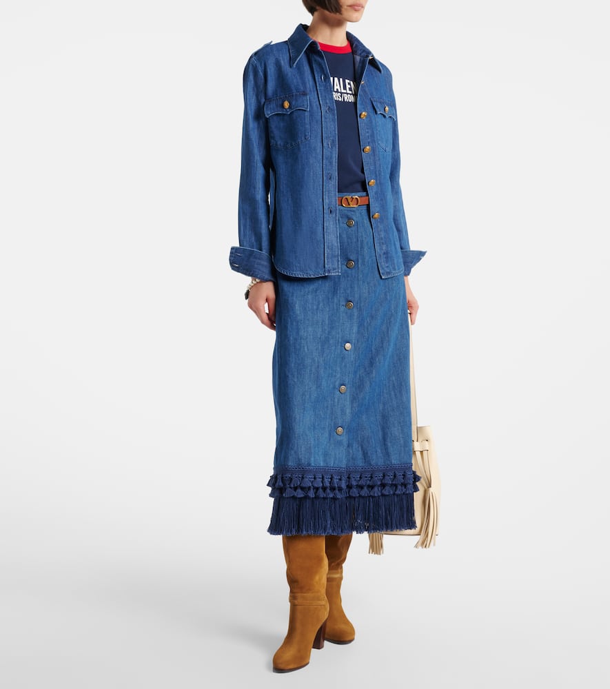 Fringed denim midi skirt