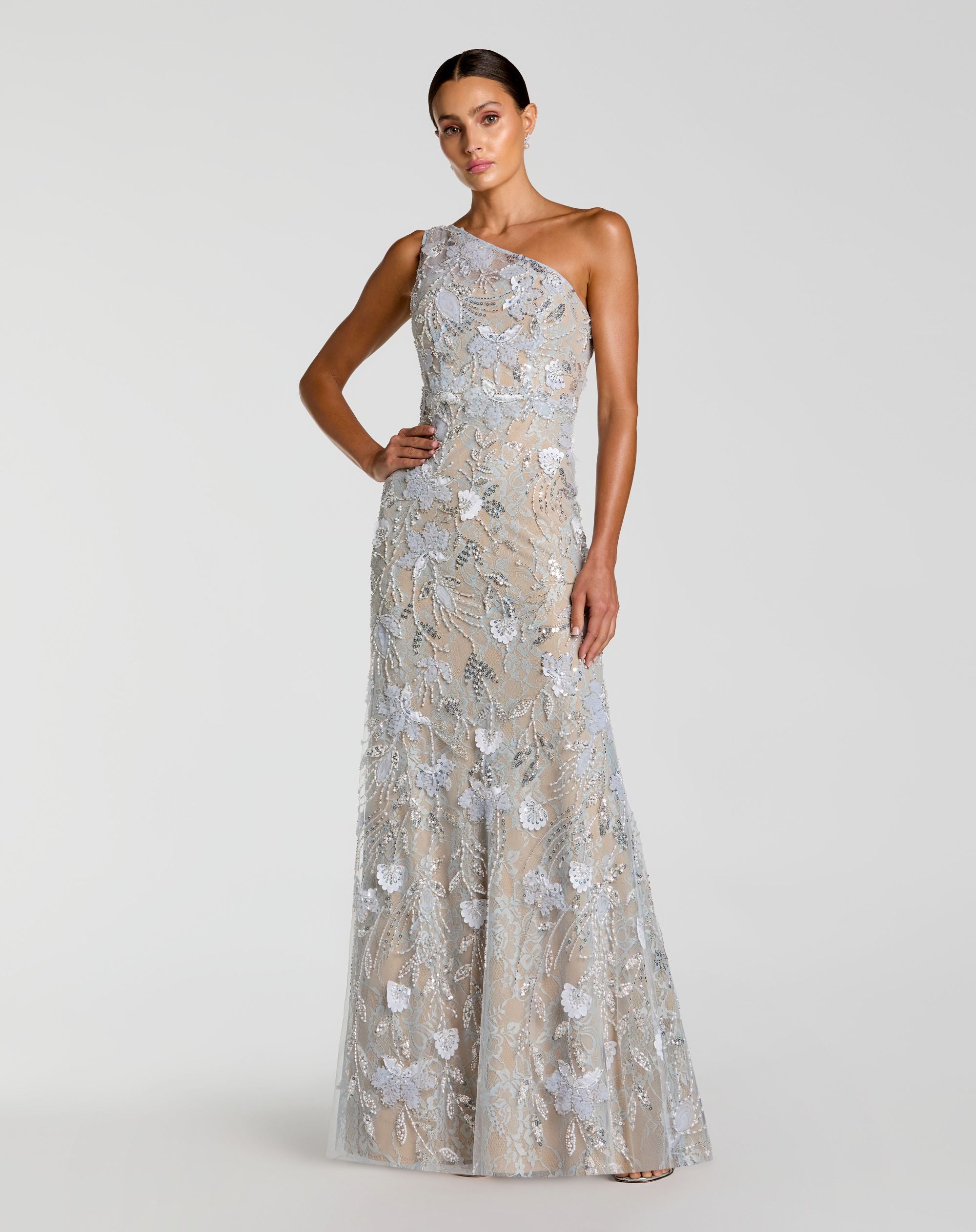 Beige Sleeveless One Shoulder Embellished Lace Gown