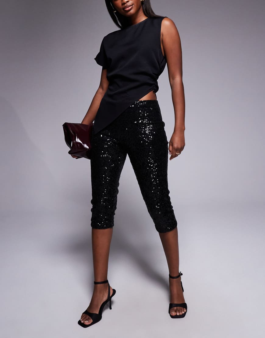 Sequin capri pants with side slit in black - part of a set