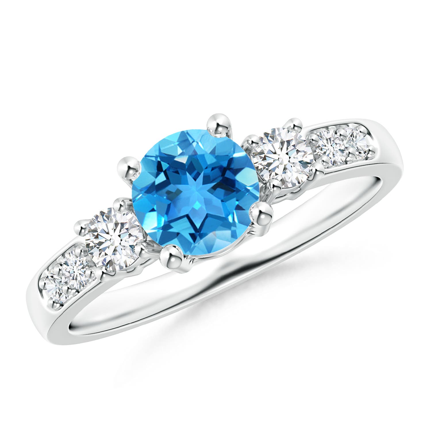 Angara 0.95 Carat Three Stone Swiss Blue Topaz and Diamond Ring in Platinum