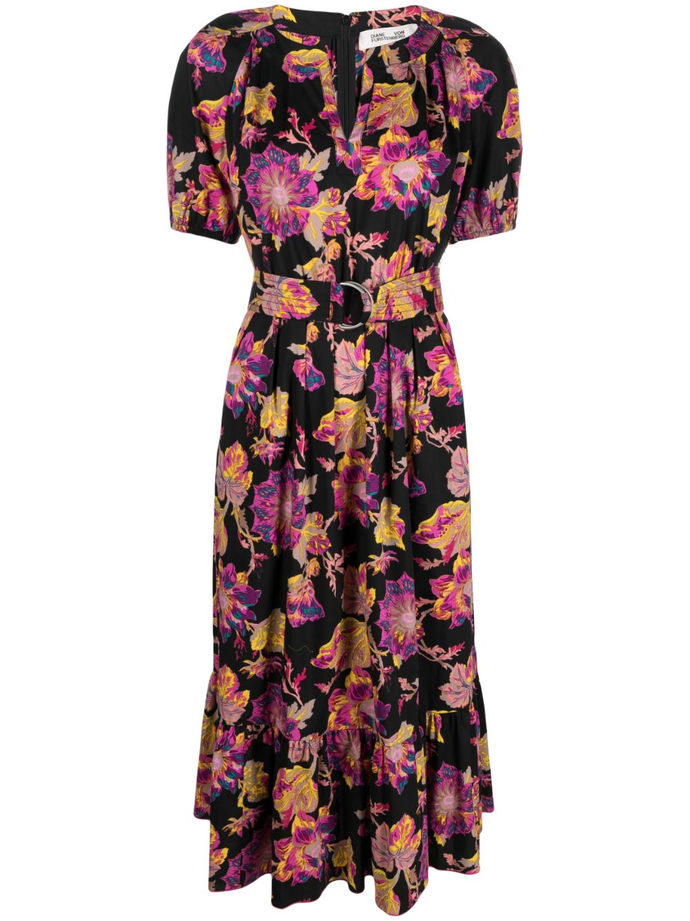 Floral-print belted-waist dress - Black