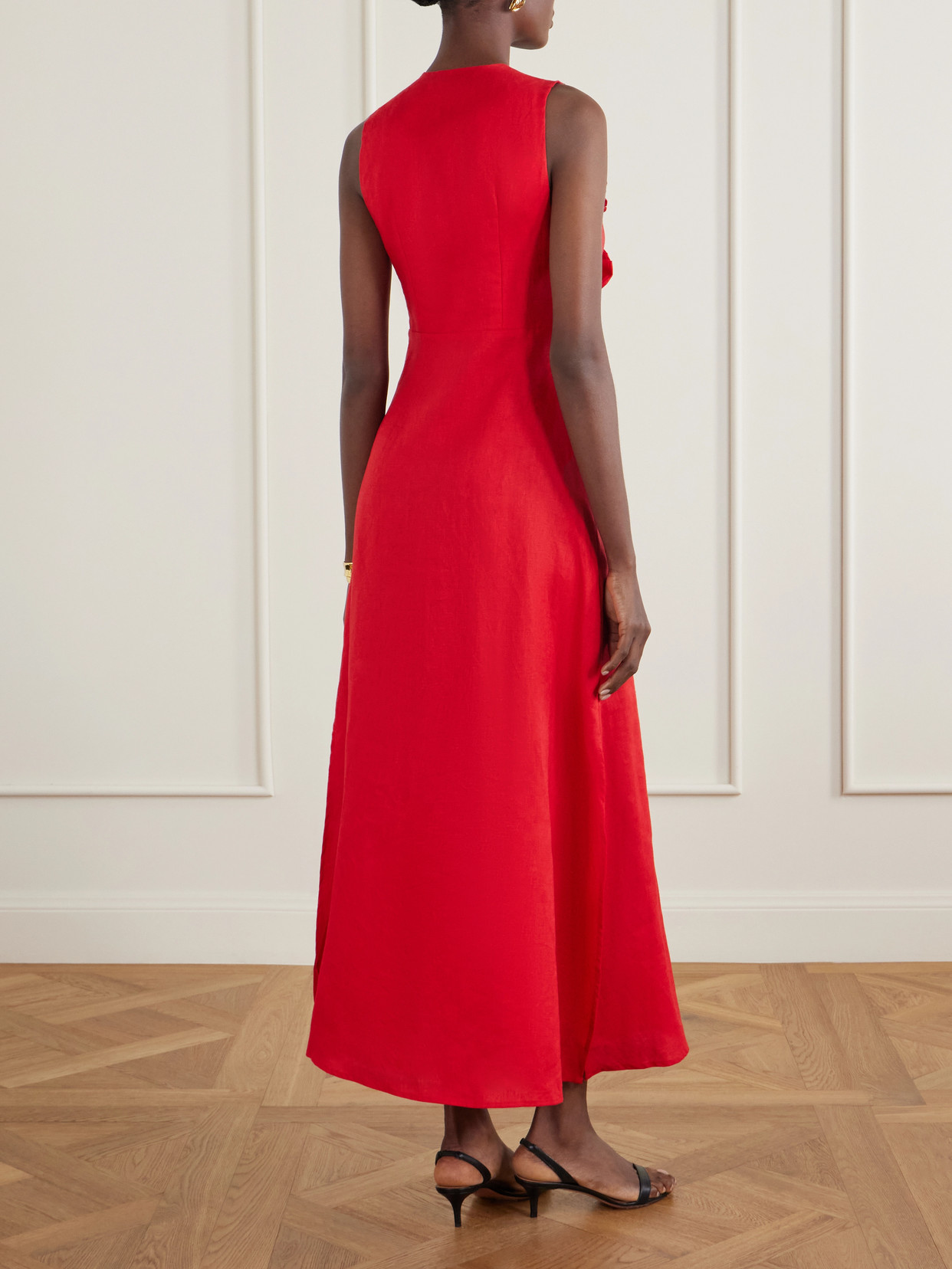 Floral-appliquéd Linen Midi Dress - Red