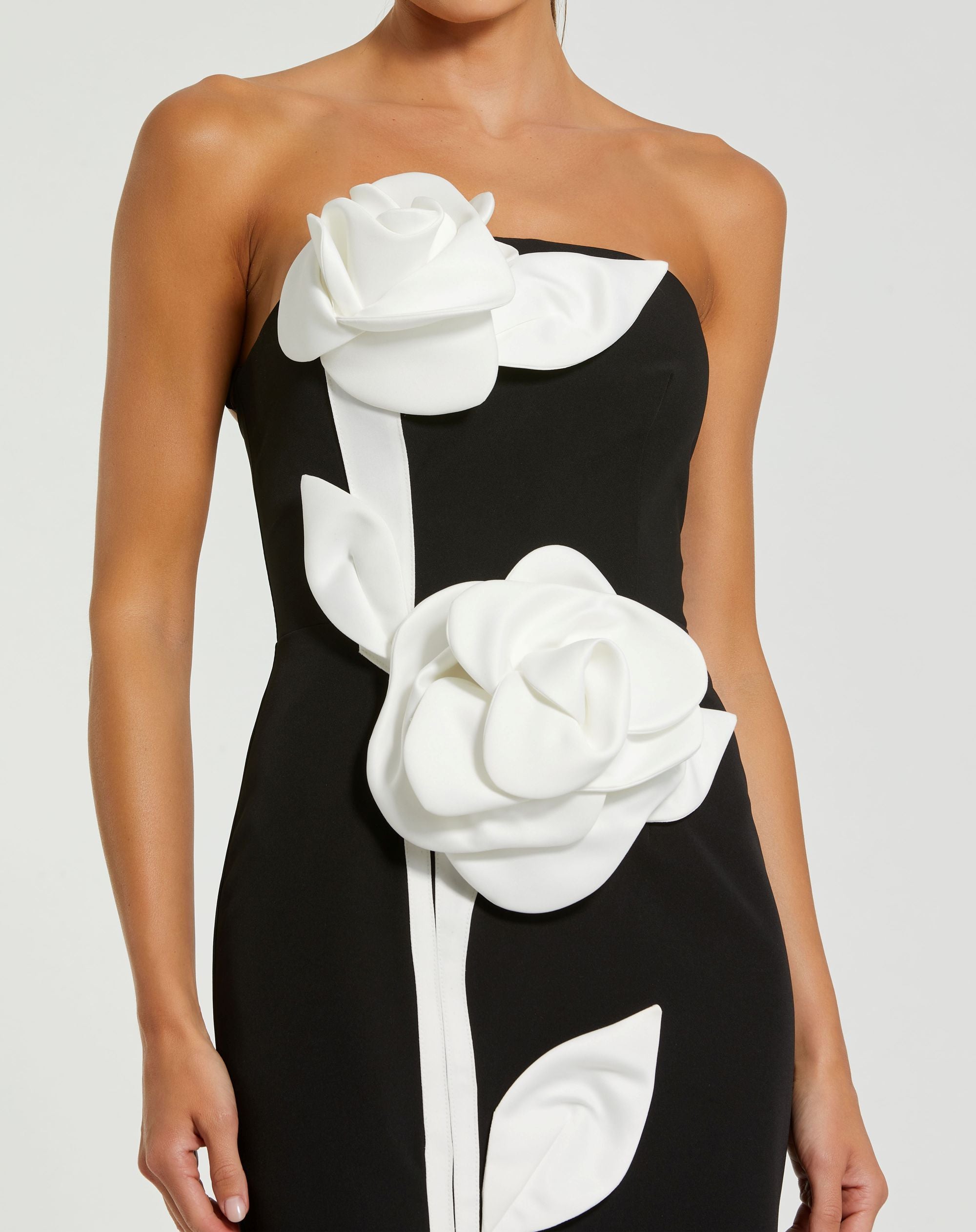 Black Strapless Crepe Ankle Wedding Guest Dress with 3D Satin Flowers Black Ivory