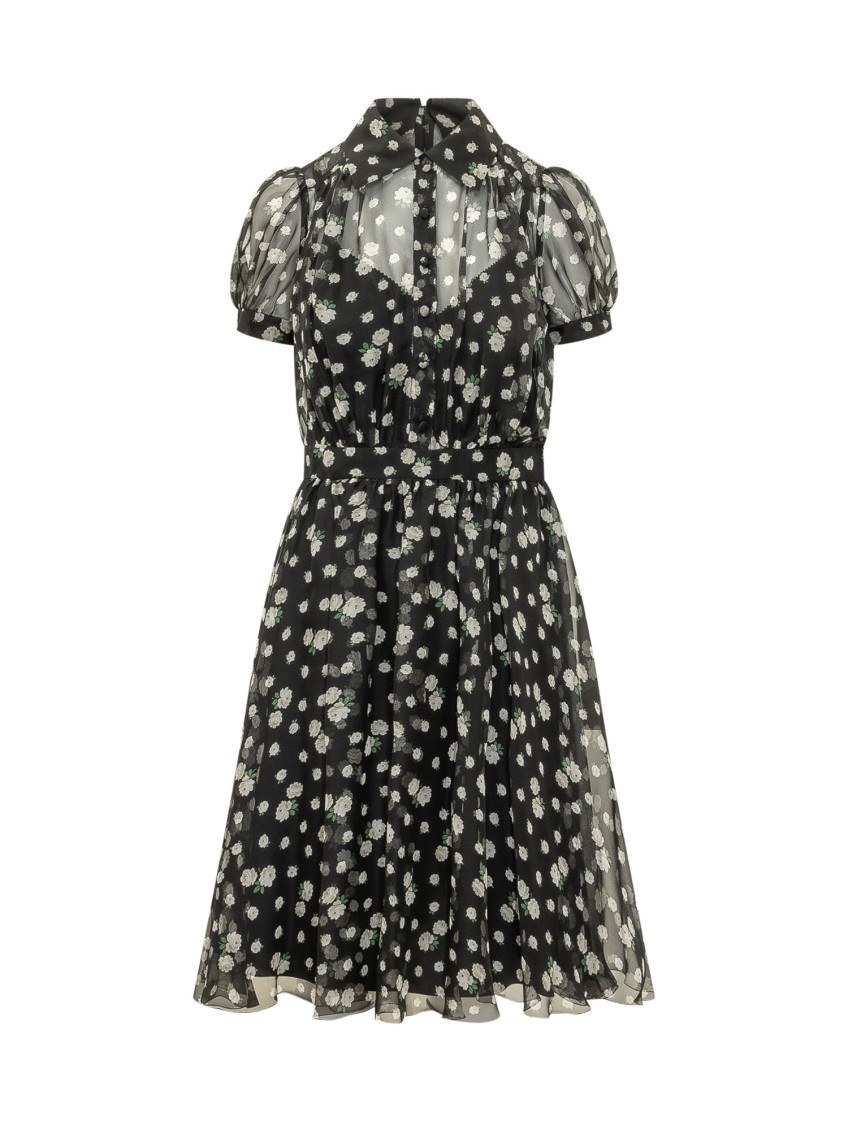 Black Floral Shirt Collar Midi Dress