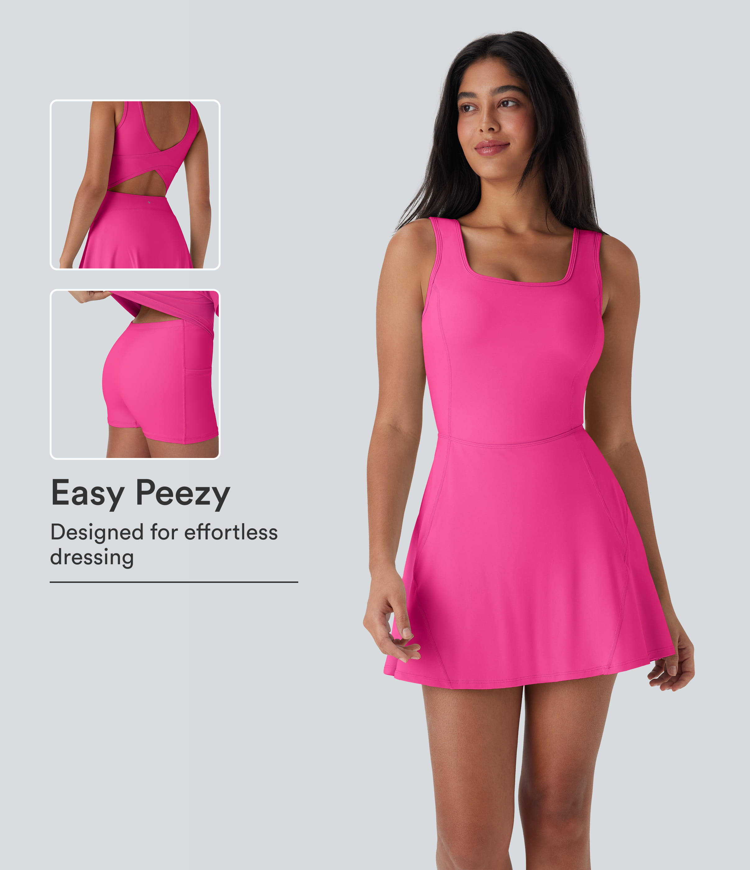 SoftlyZero™ Airy U Neck 2-in-1 Pocket Mini Cool Touch Dance Active Dress-Easy Peezy Workout Dress - Fuchsia Fedora