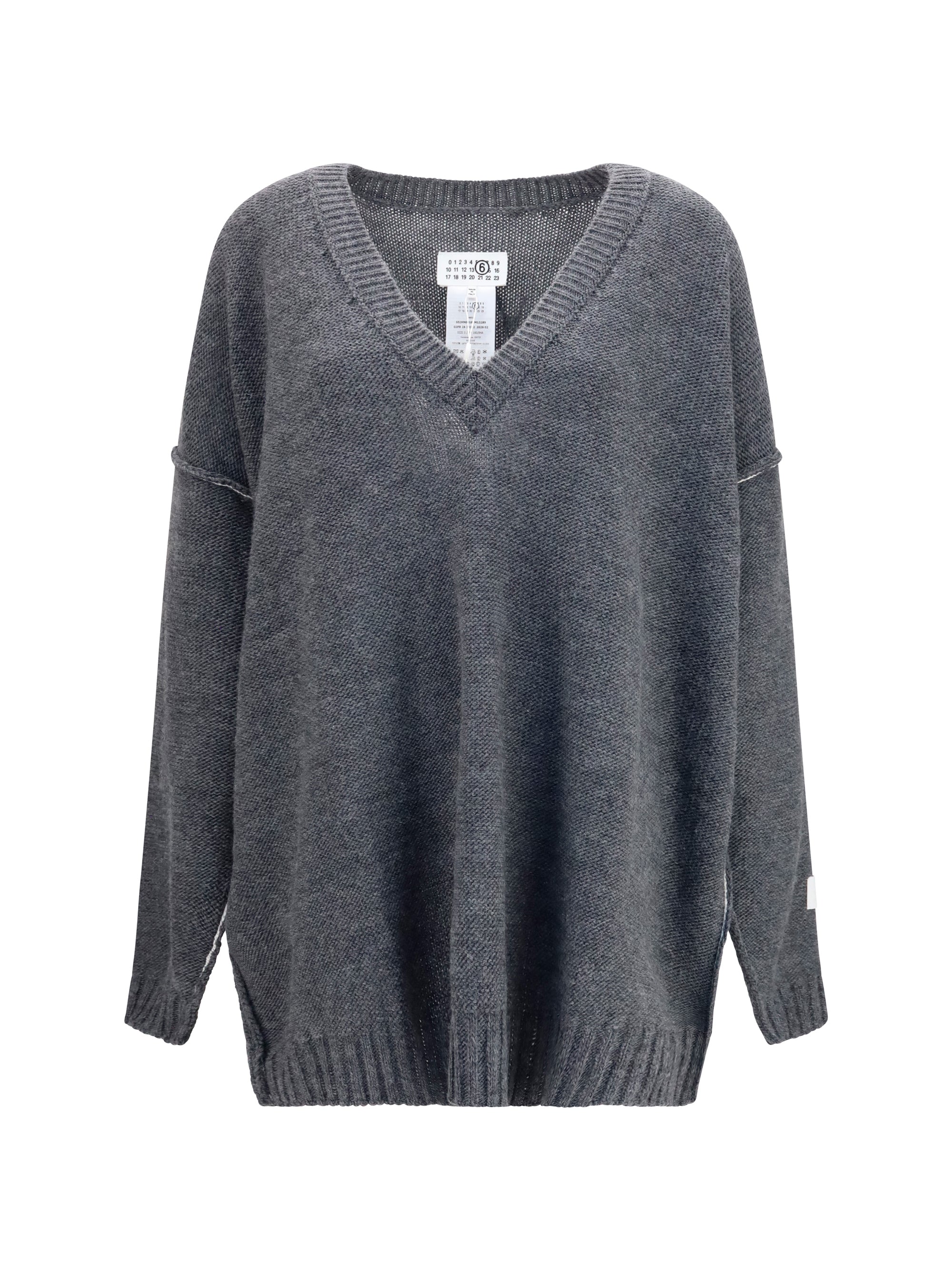 Oversized V-Neck Wool-Blend Knit Sweater — Gray
