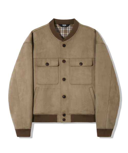 Two Pocket Button Suede Bomber Jacket_Beige