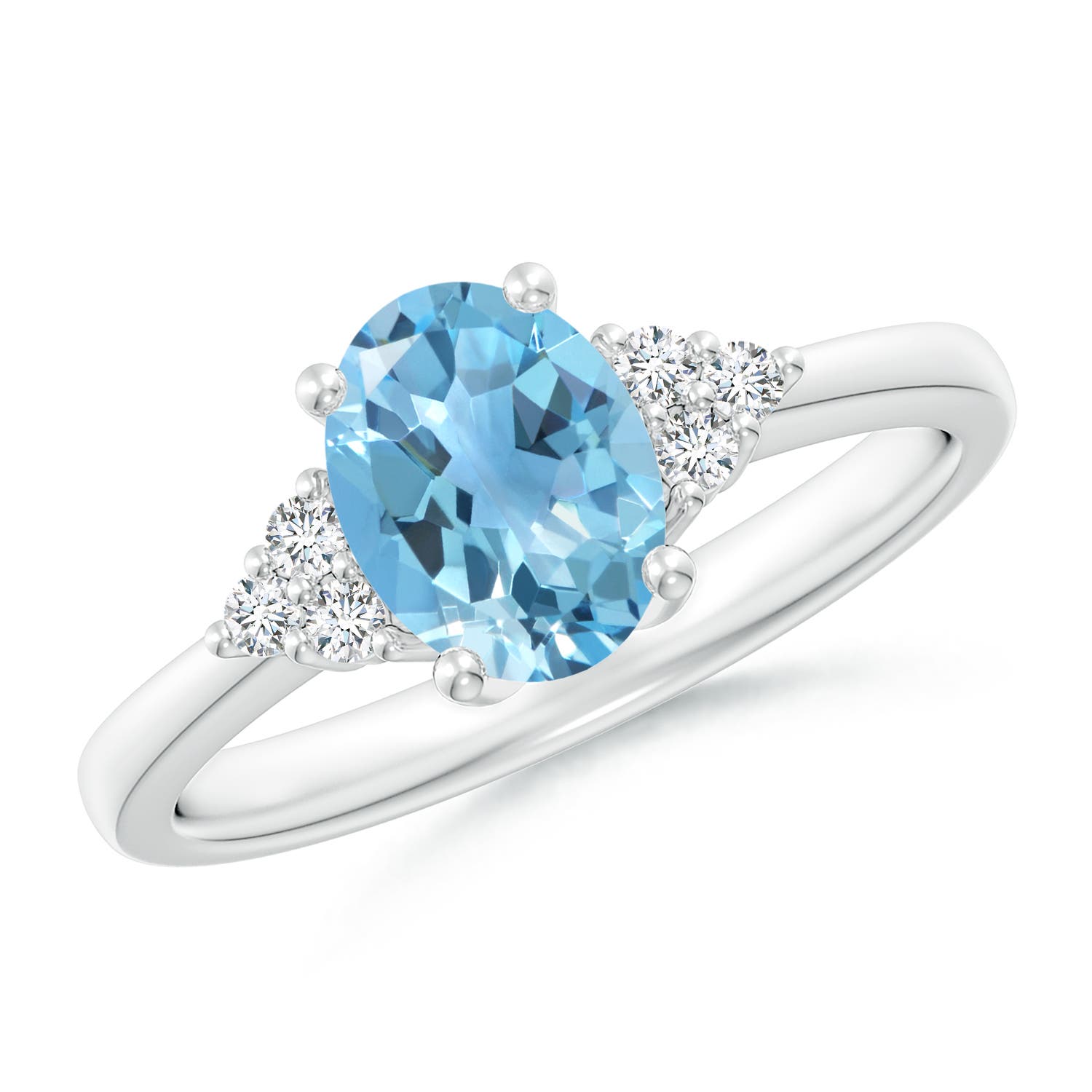 Angara 1.5 Carats Solitaire Oval Swiss Blue Topaz Ring with Trio Diamond Accents in Platinum