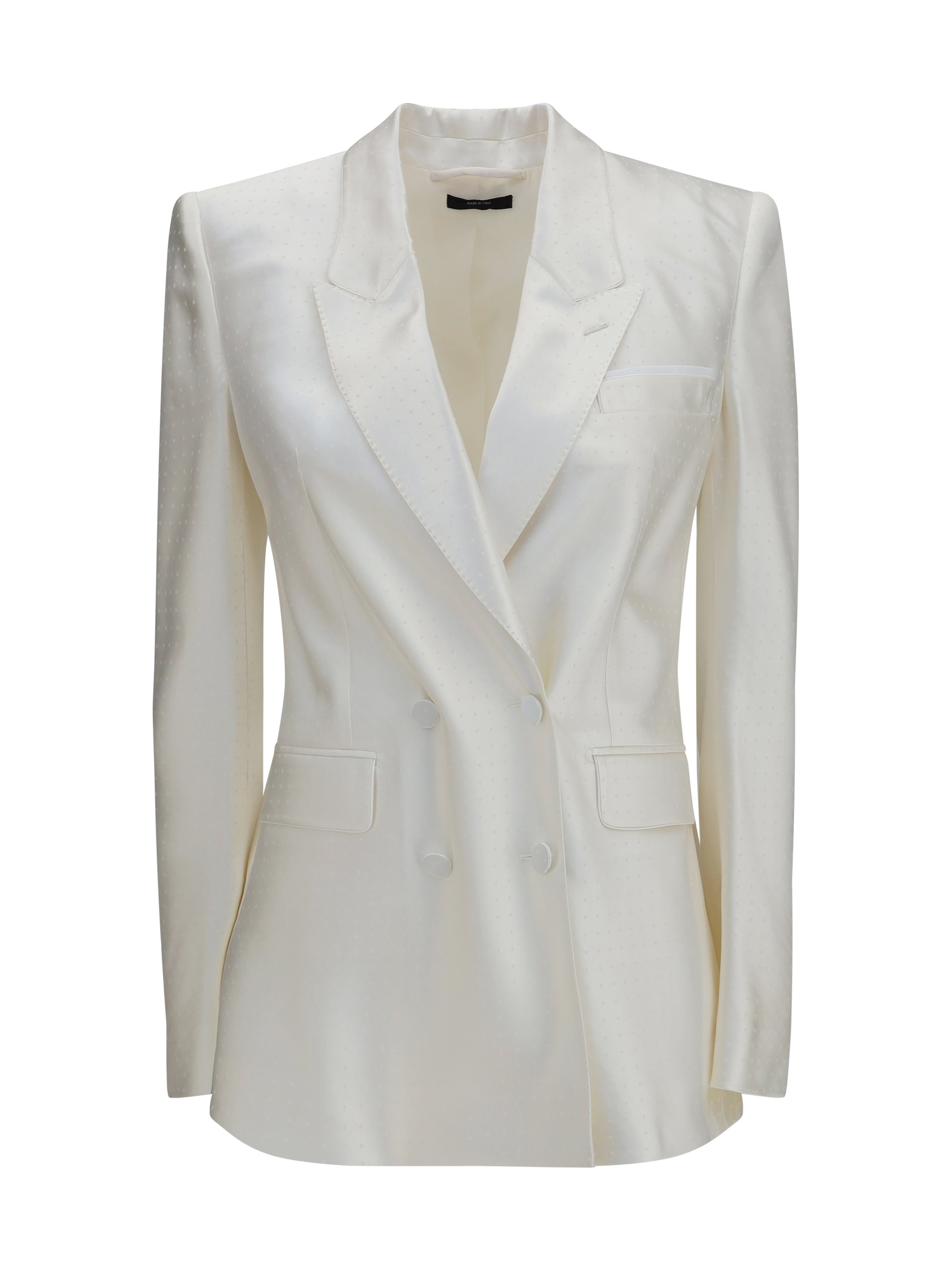 Polka-Dot Satin Double-Breasted Blazer — White