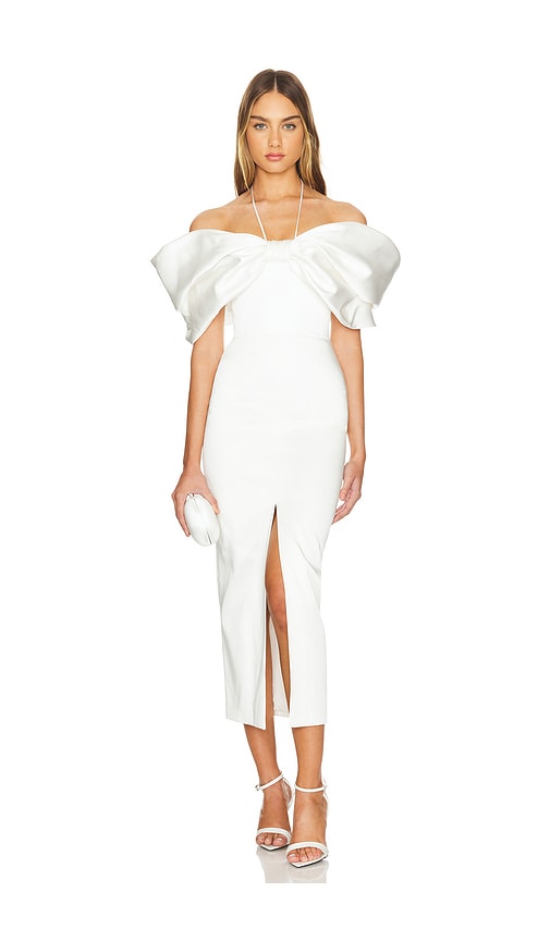 RASARIO Bow Embellished Midi Dress in White. 36/4. Also