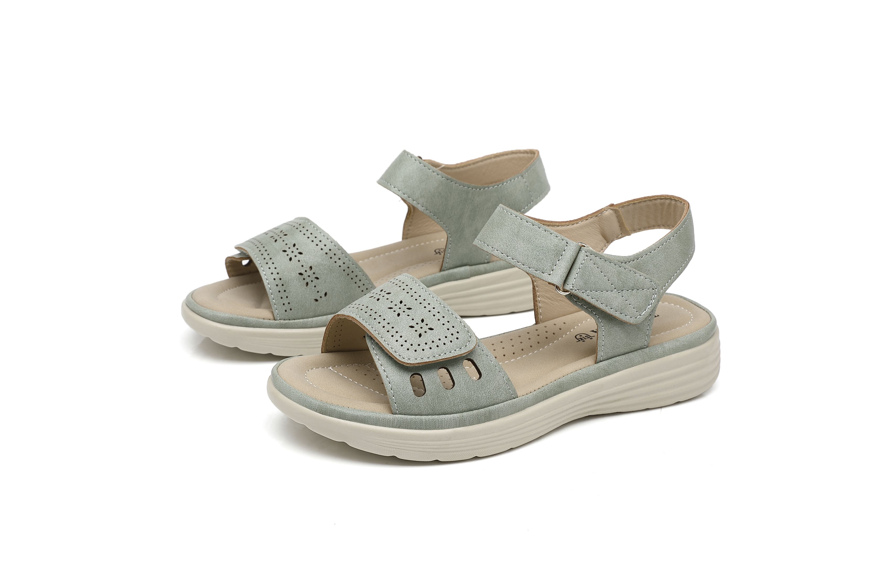 Ivachy Adjustable Strap & Cushioned Hook And Loop Comfort Wedge Sandals In Green