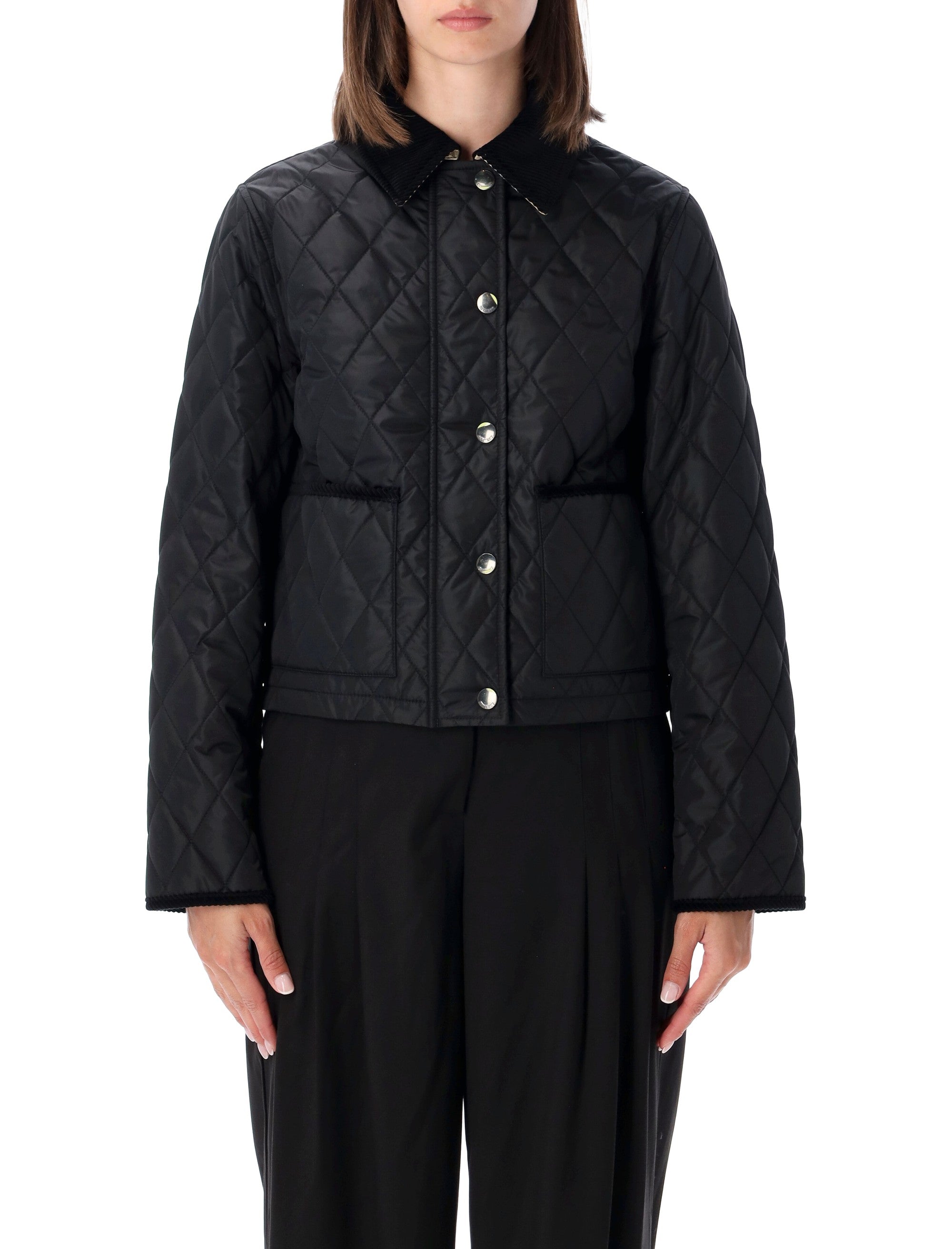 Quilted Cropped Jacket with Corduroy Collar and Check Lining