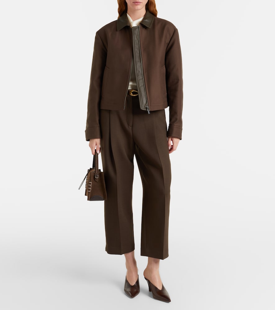 Cropped leather-trimmed cotton twill jacket