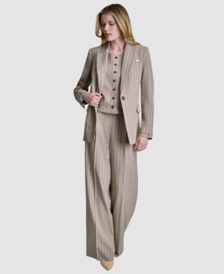 Womens Pinstripe Notch Collar Blazer Pinstripe Button Front Vest Mid Rise Straight Fit Pants