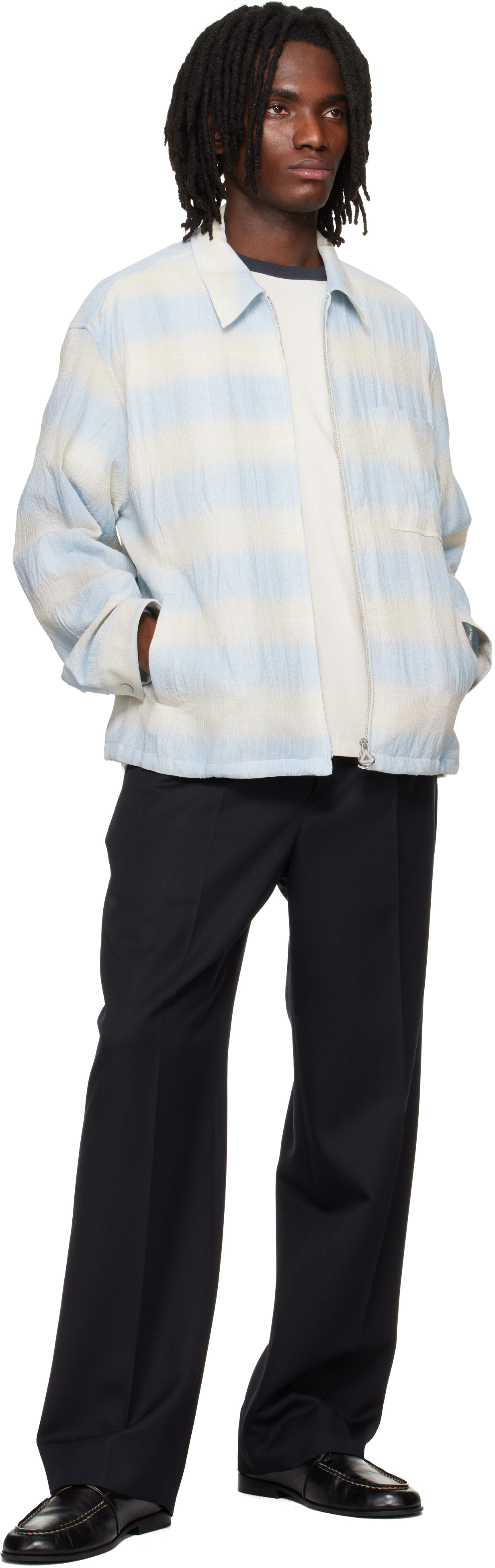 Blue & Beige Striped Zip-Up Shirt