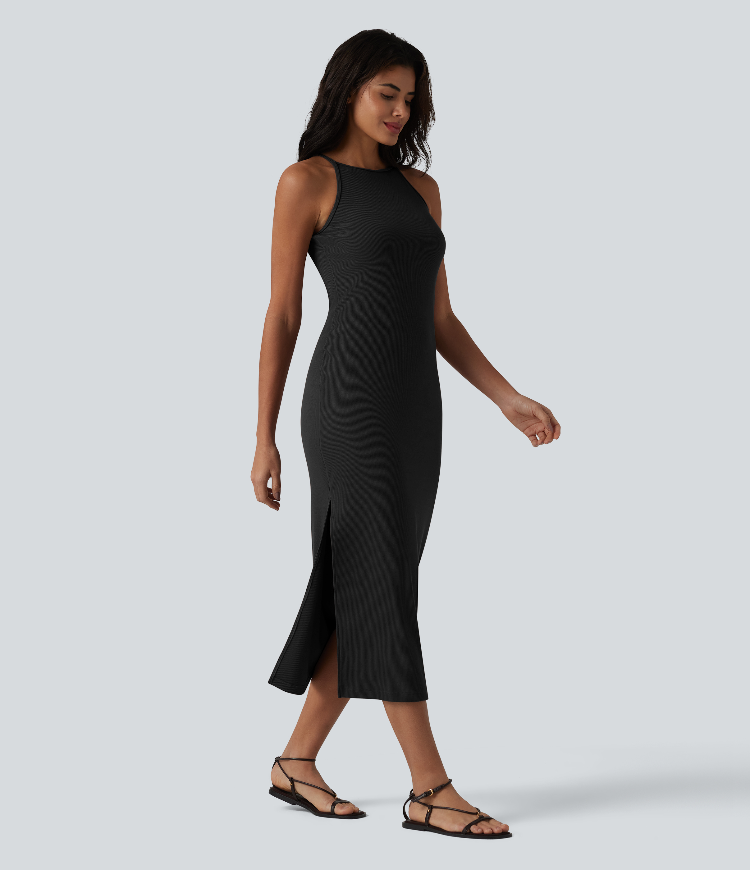 Halara Ribbed Knit Round Neck Midi Casual Slip Dress - Black