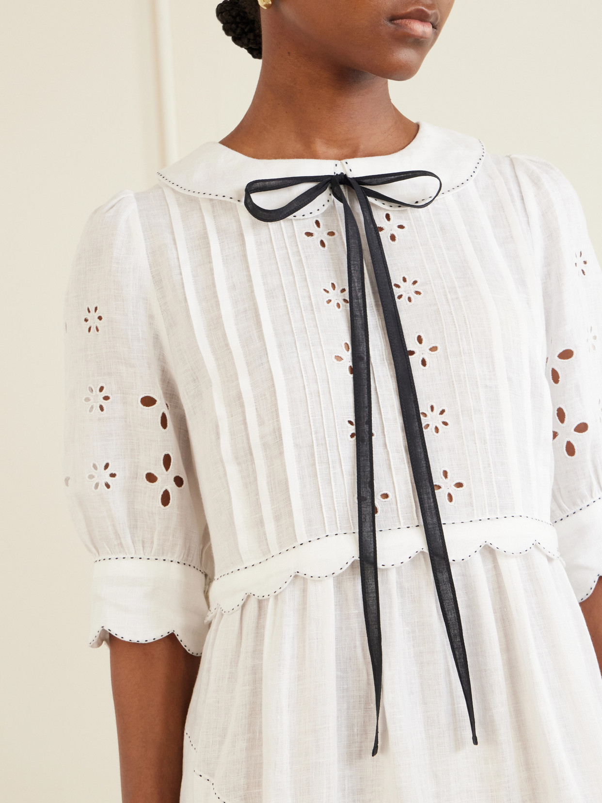 Bari Tie-detailed Broderie Anglaise-trimmed Linen Midi Dress - White