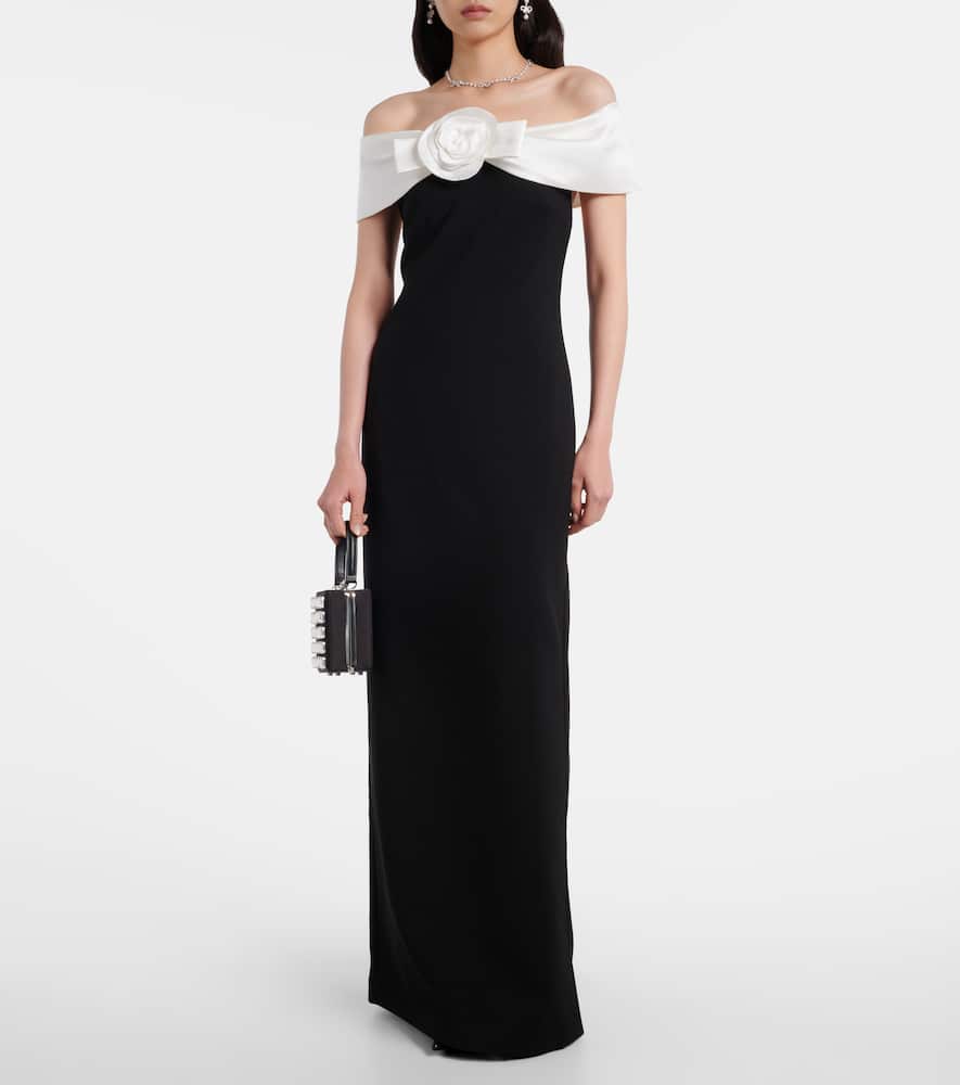 Floral-appliqué off-shoulder crêpe gown