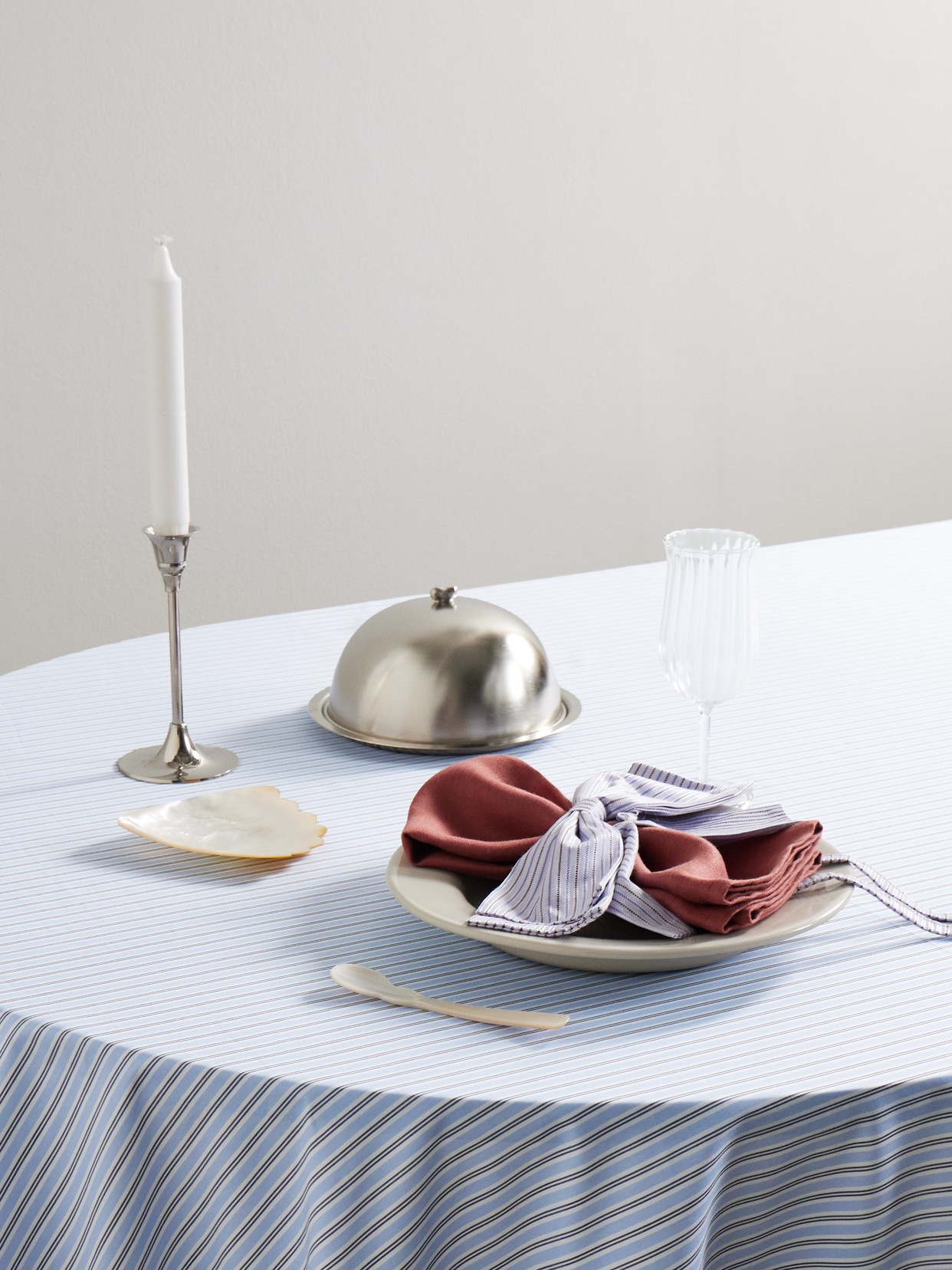 Bow And Button-detailed Striped Cotton-blend Tablecloth - Blue