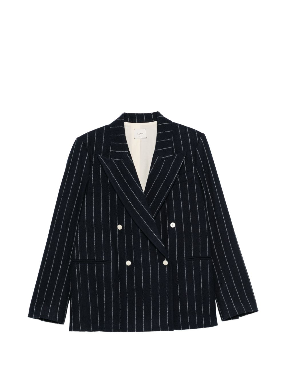 Pinstripe Wool Double-Breasted Blazer — Navy