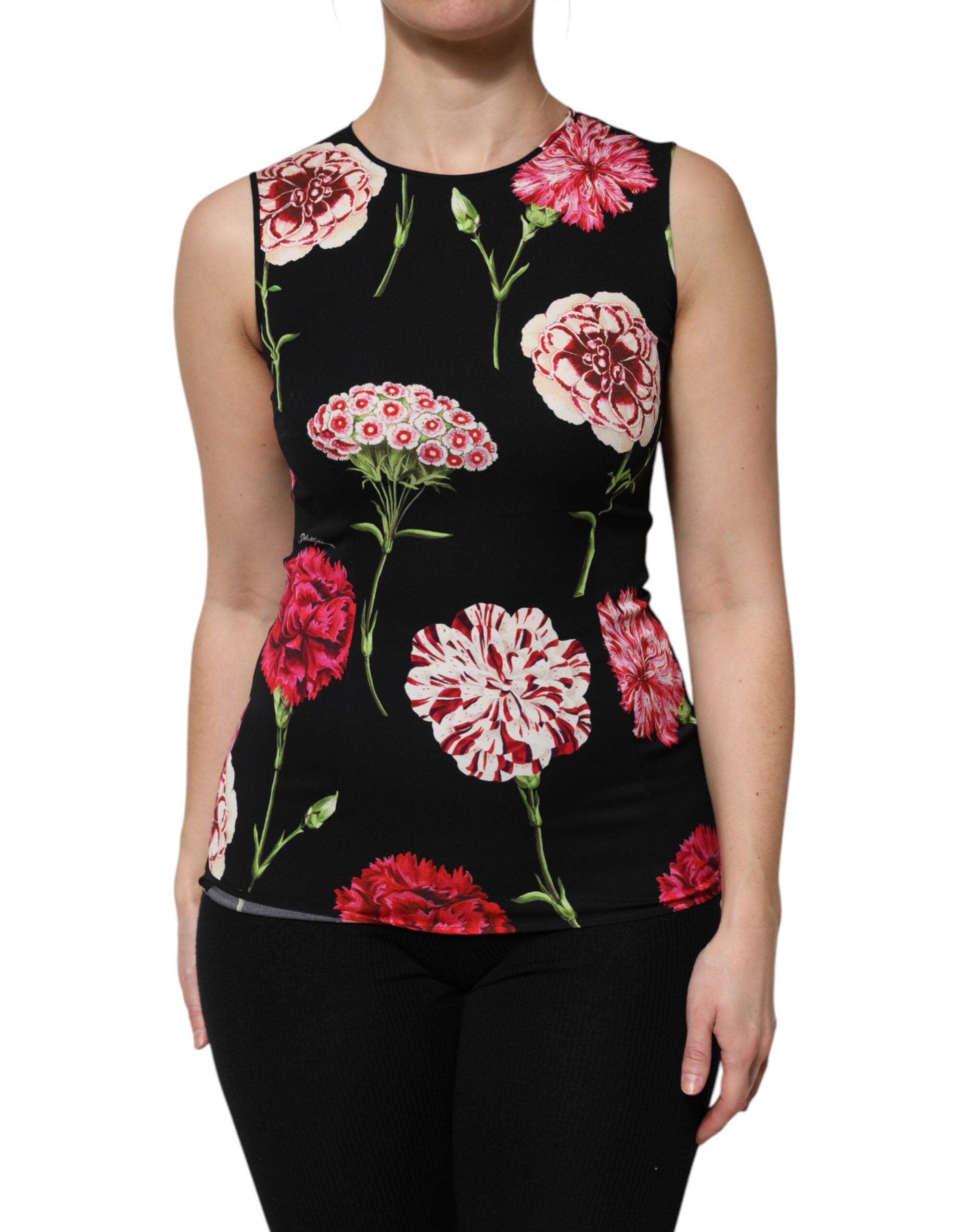 Floral-Print Silk Tank Top — Black