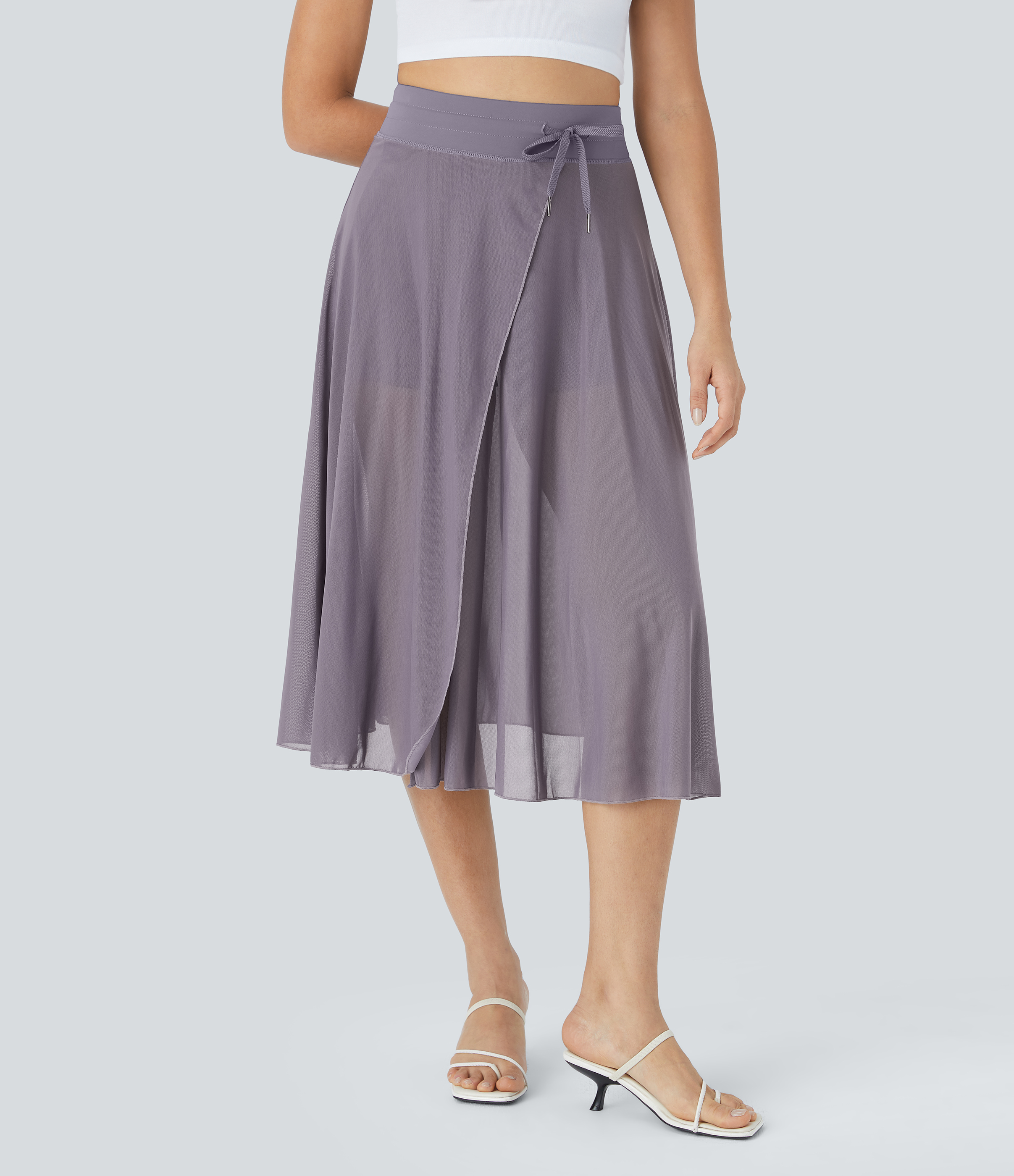 Halara High Waisted Drawstring Contrast Mesh 2-in-1 Pocket Flowy Midi Flare Casual Skirt - Stardust Mauve