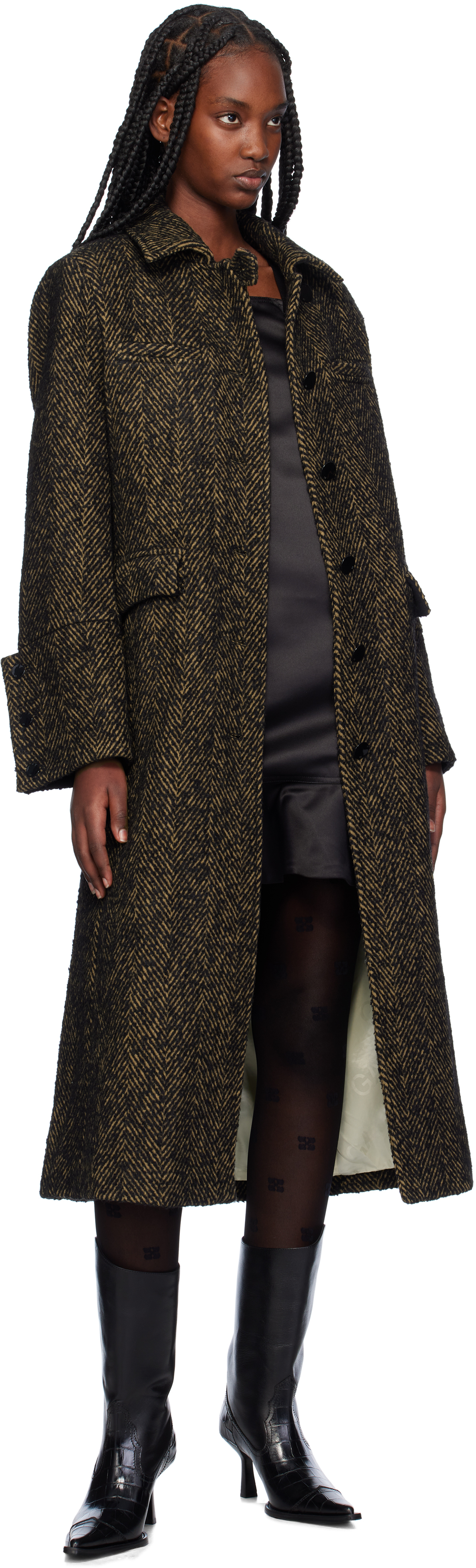 GANNI Brown Herringbone Wool Coat