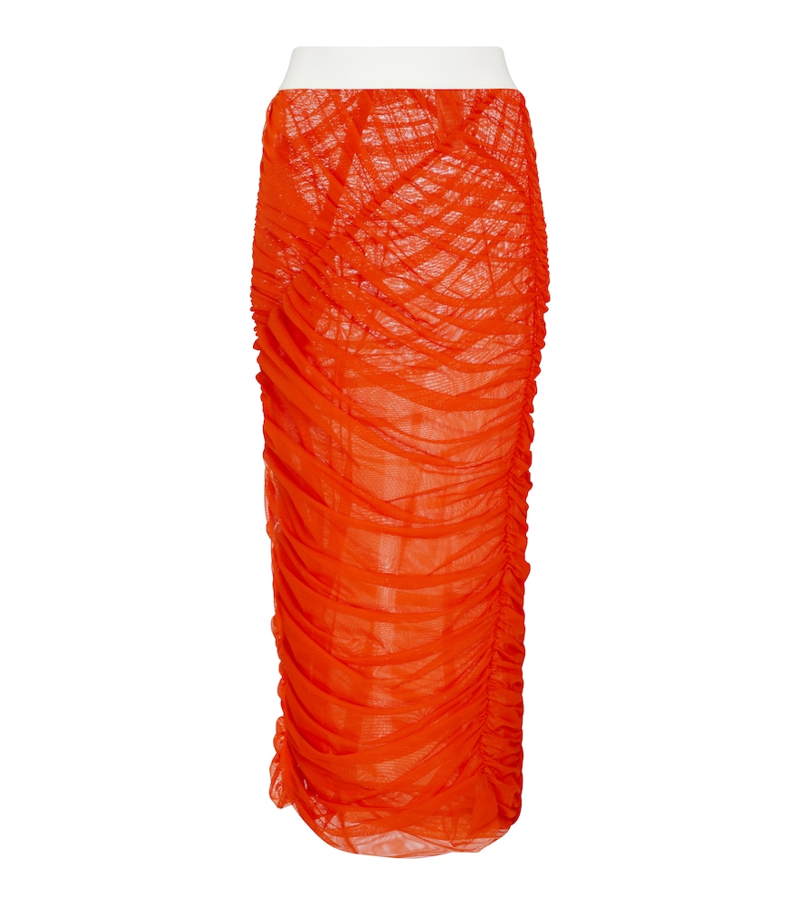 Ruched mesh midi skirt