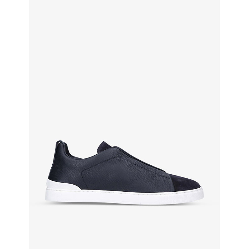 Mens Navy Triple Stitch Leather and Suede Trainers