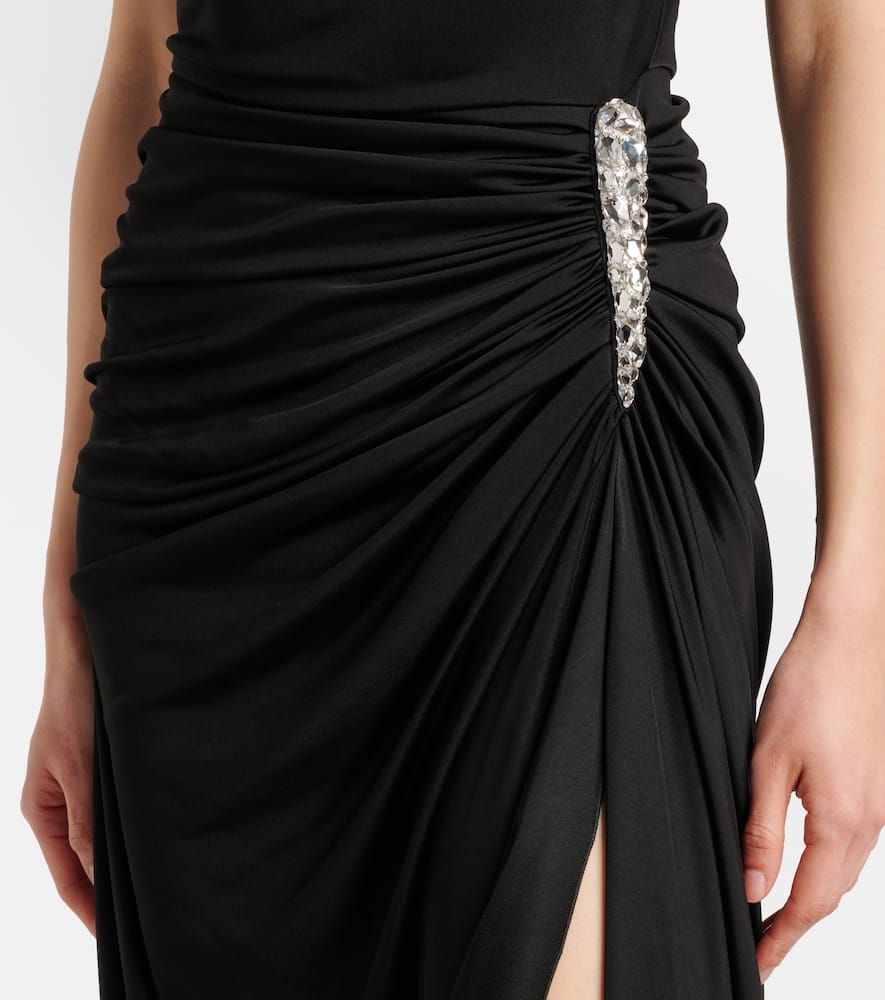 Asymmetric crystal-embellished gown