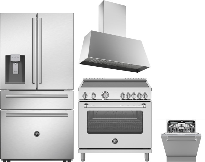 Bertazzoni 4 Piece Kitchen Appliances Package with French Door Refrigerator, Induction Range and Dishwasher in Stainless Steel BERERADWRH1046