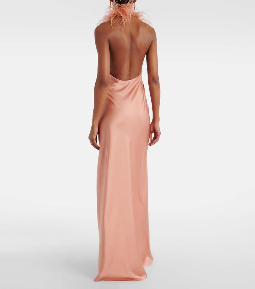 Jazzy feather-trimmed satin gown