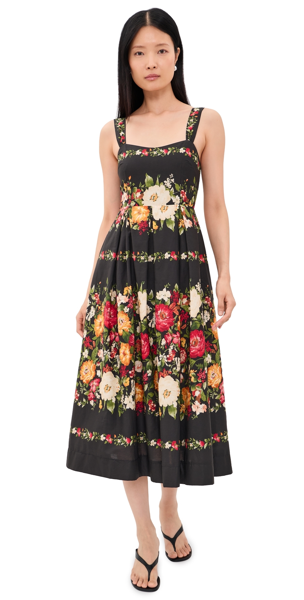 Floral Print Sweatheart Neck Midi Dress Black multi