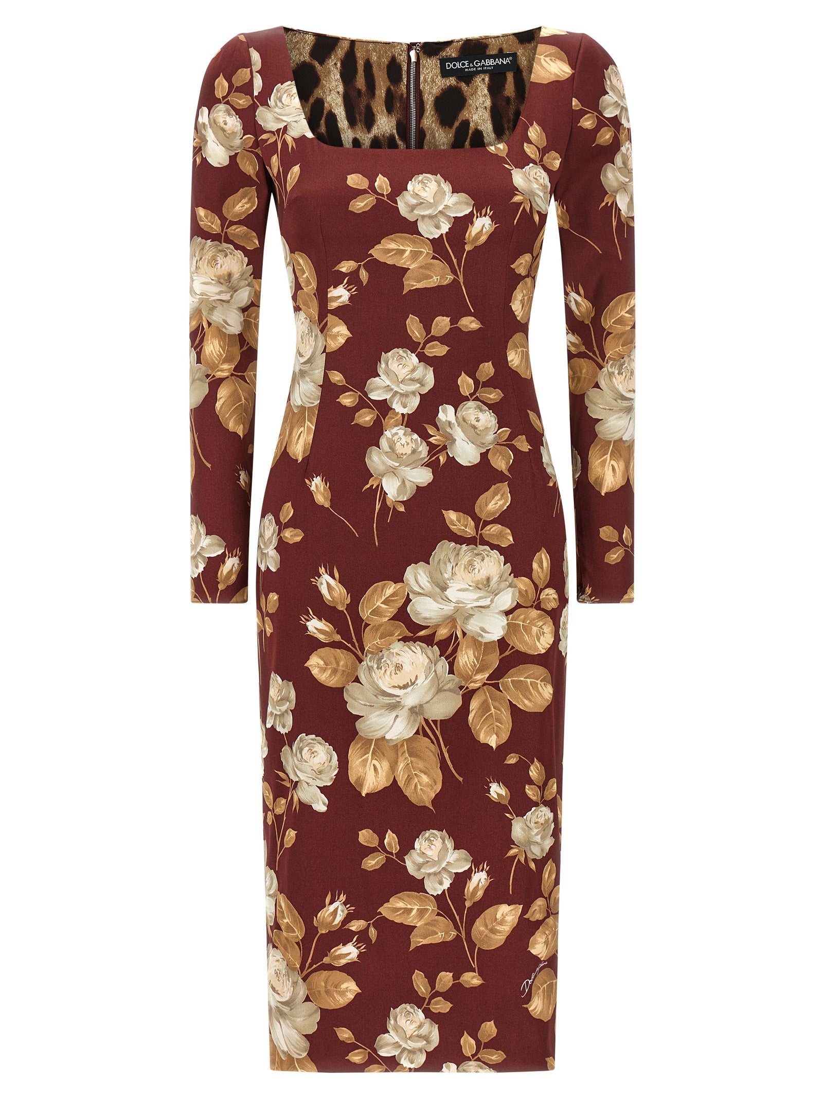 Rose-Print Silk Satin Dress — Burgundy