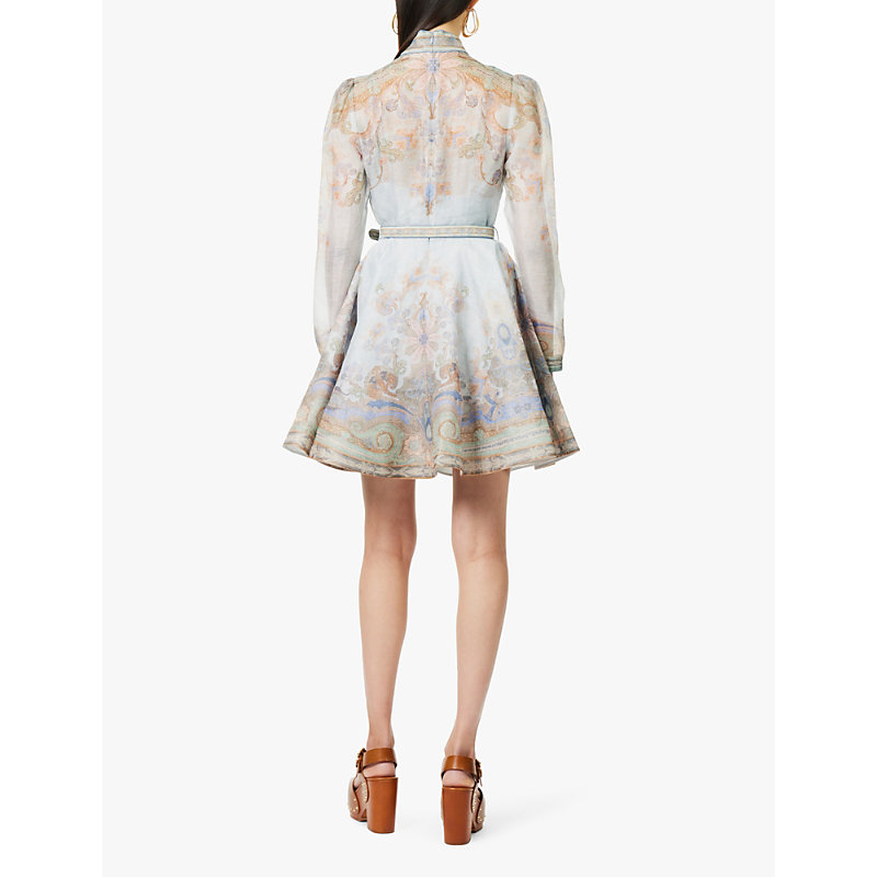 Womens Blue Paisley Eden Belted Flower-and-paisley-print Linen and Silk-blend Mini Dress 