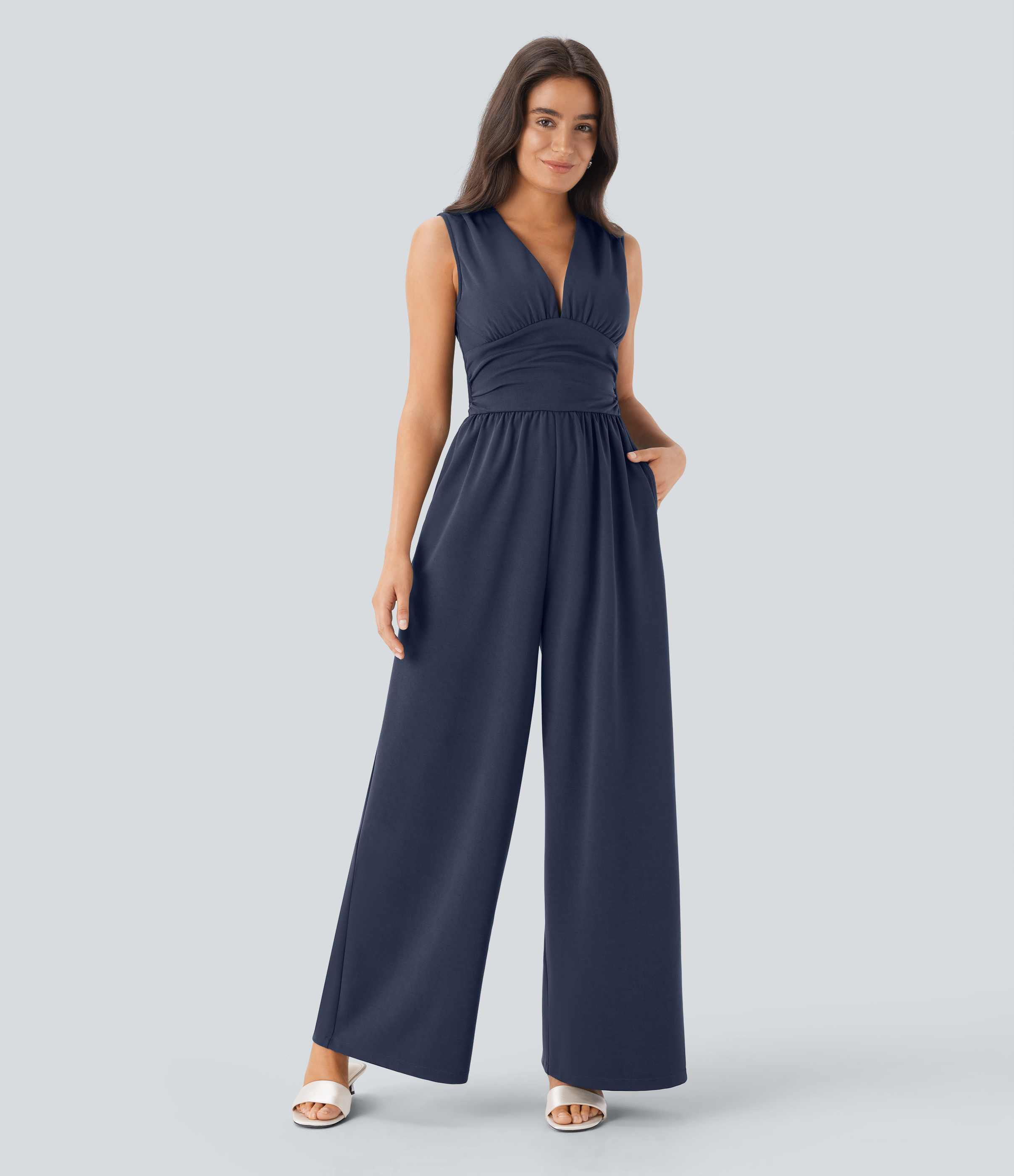 V Neck Sleeveless Ruched Pocket Jumpsuit-Easy Peezy  - Spellbound