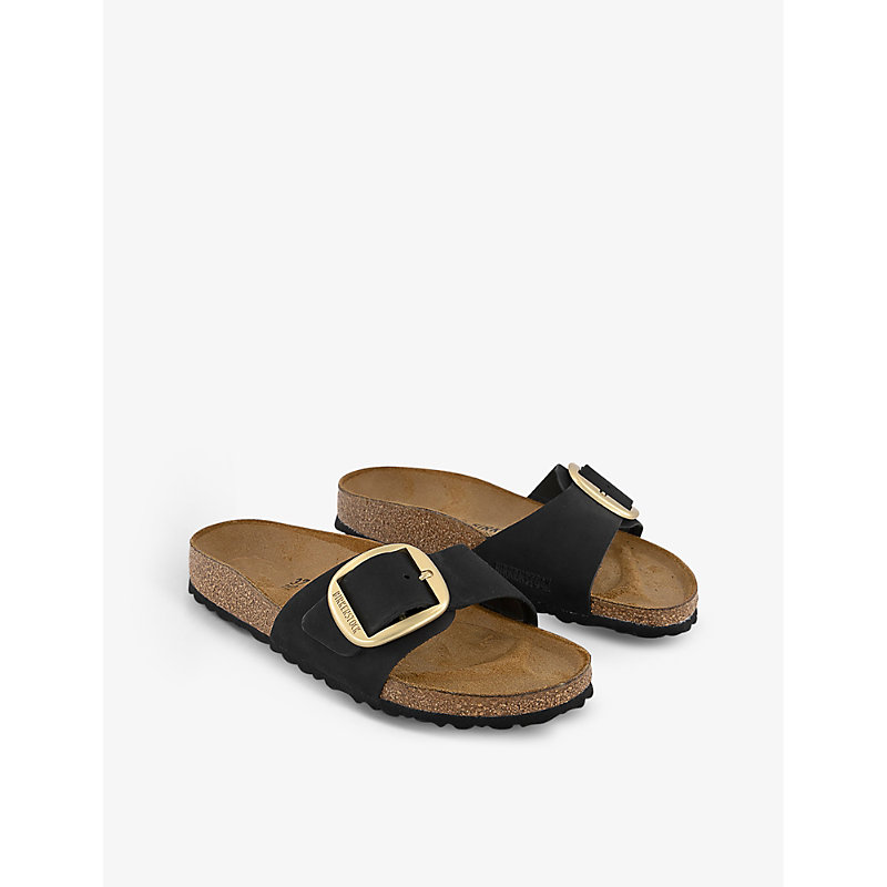 Womens Black Nubuck Madrid Oversized Buckle Leather Sandals