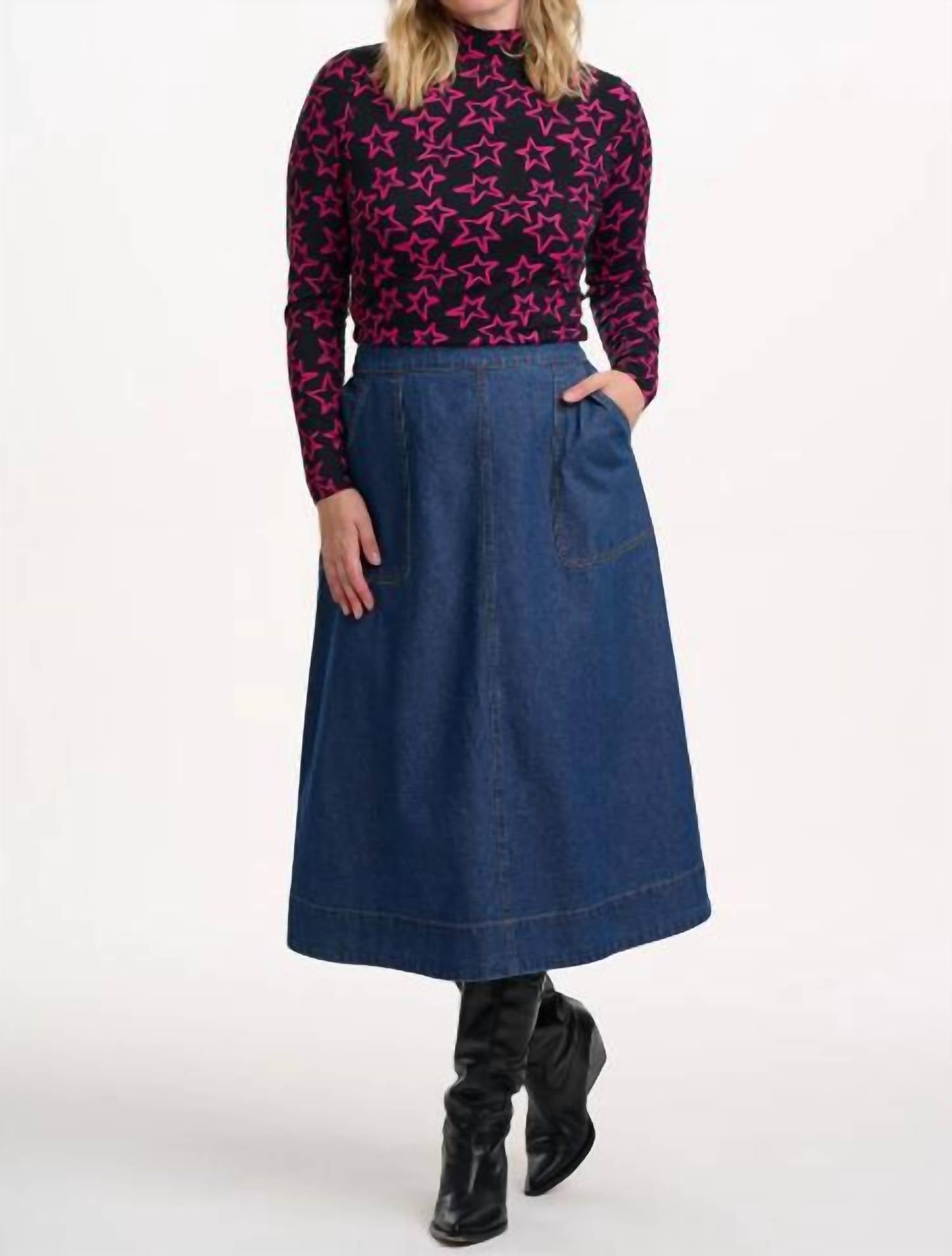 Annika Turtleneck Jersey Top In Black/pink Doodle Stars
