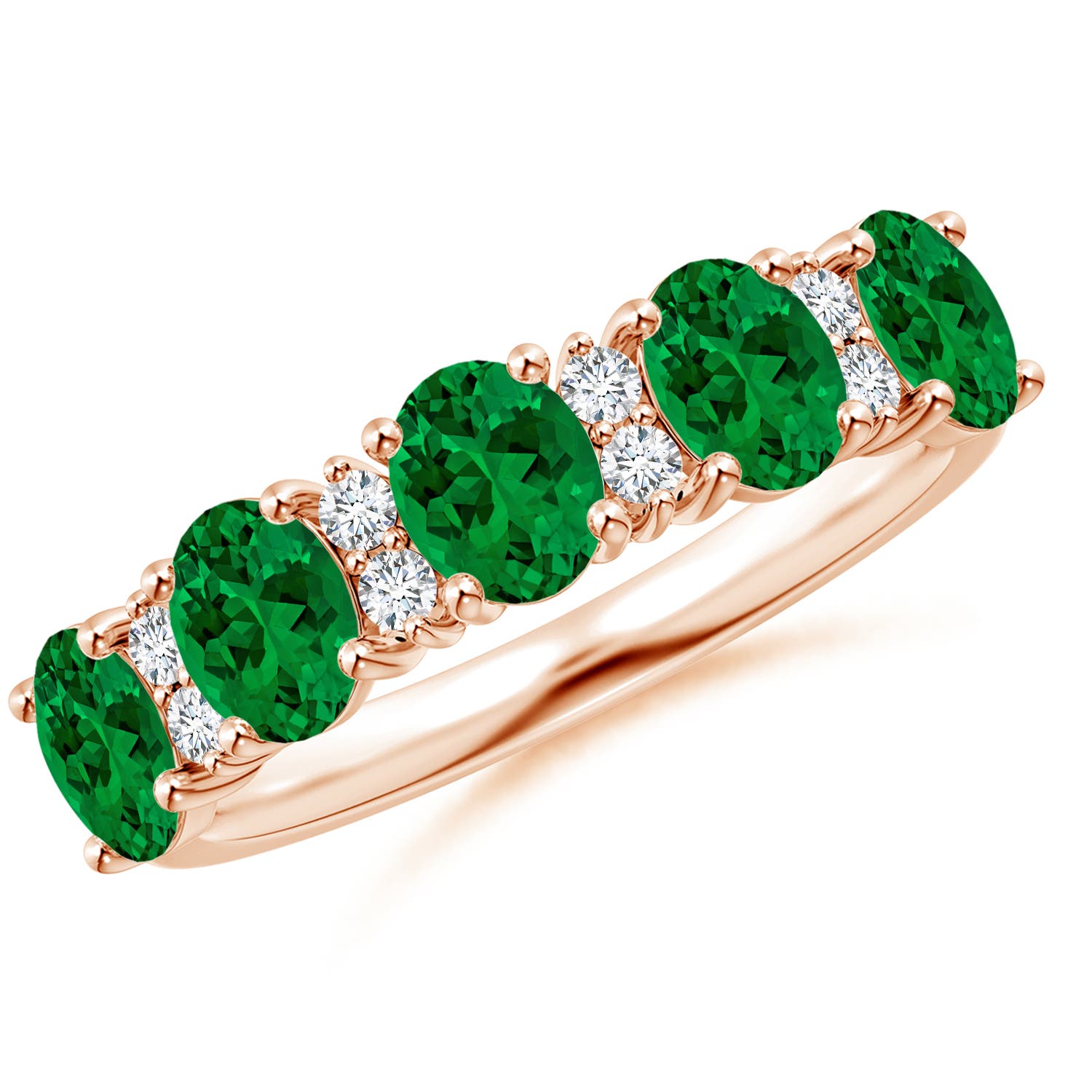 Angara 1.5 Carats Lab-Grown Five Stone Emerald and Diamond Wedding Ring in 18K Rose Gold