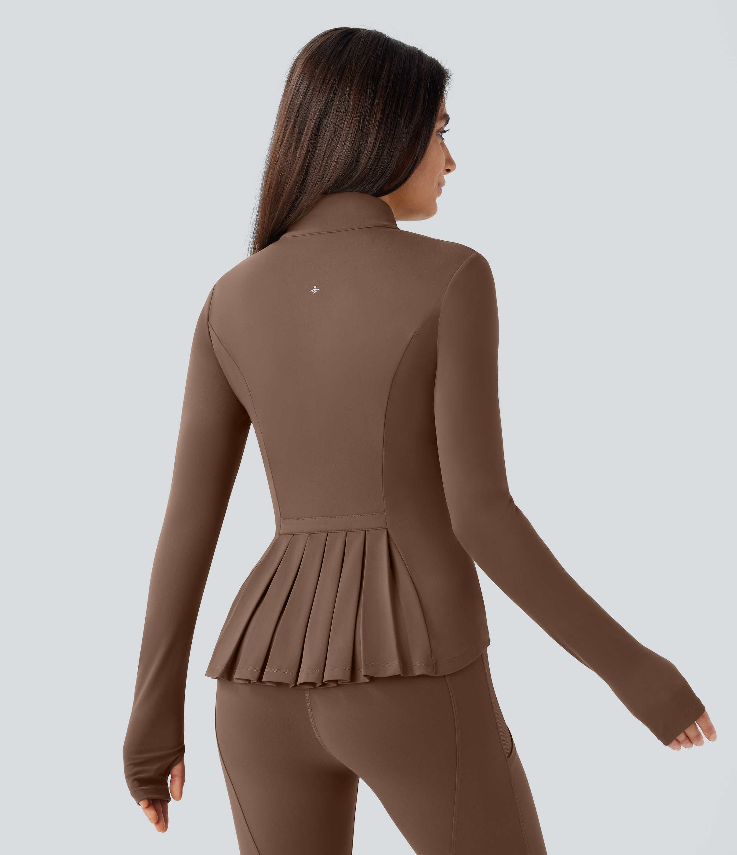 Halara SoftlyZero™ Stand Collar Thumb Hole Pockets Pleated Zipper Slim Jacket - Soft Silt
