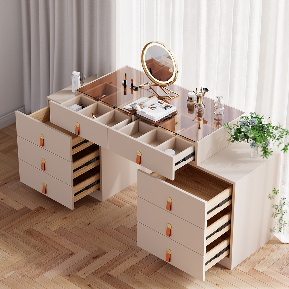 Extendable Makeup Vanity with Jewelry Storage Retractable Champagne Dresser Closet Island