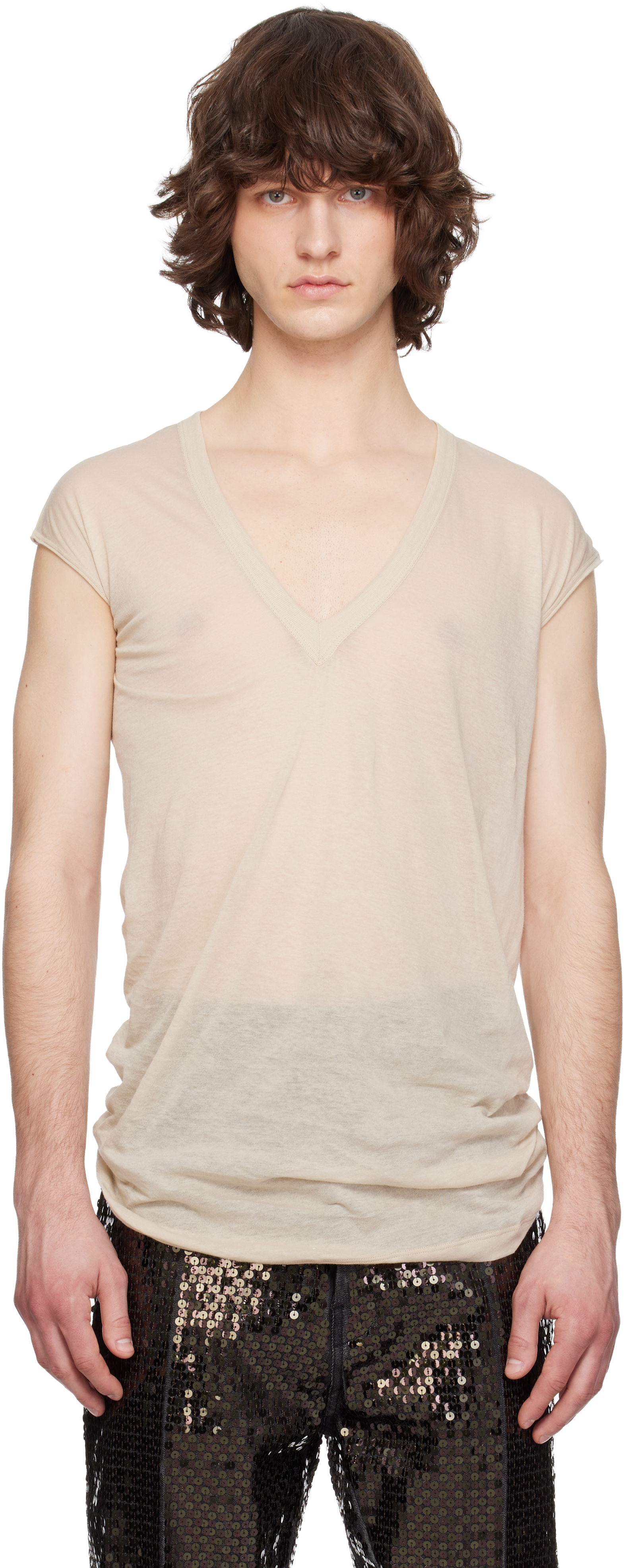 Beige Temple Deep V SL T-shirt