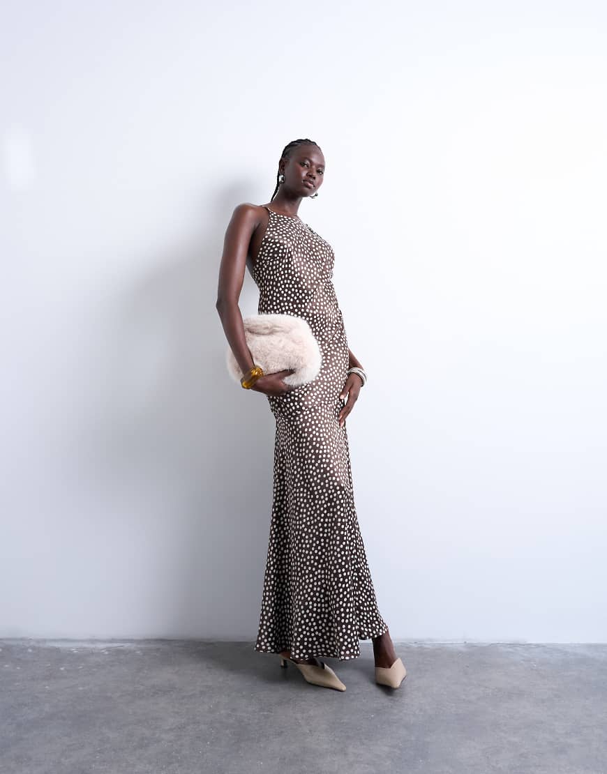 Racer neck drop waist maxi dress in chocolate brown polka dot
