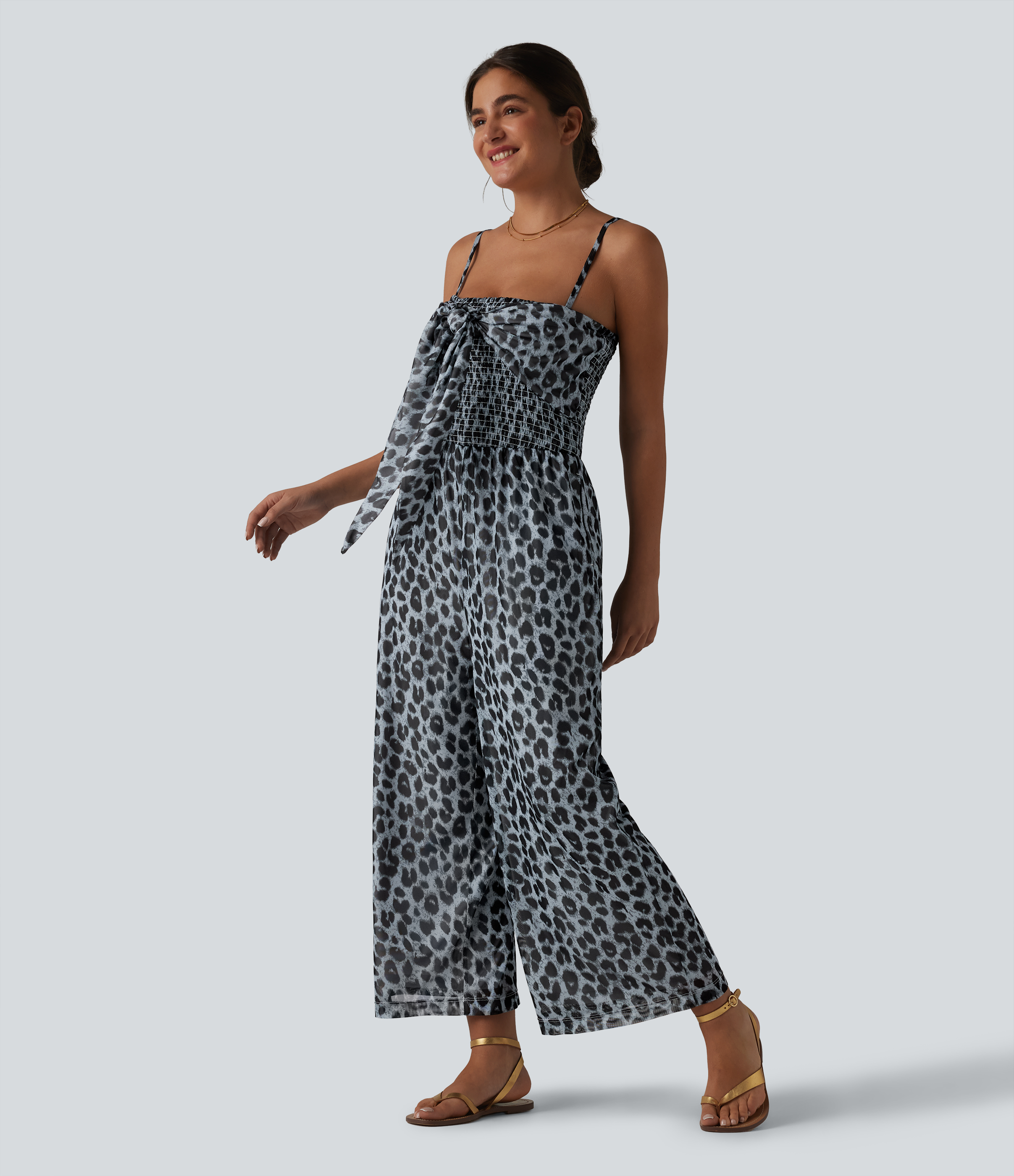 Tie-front Shirred Leopard Mesh Casual Slip Baggy Jumpsuit with Pockets  - Frosted Panther