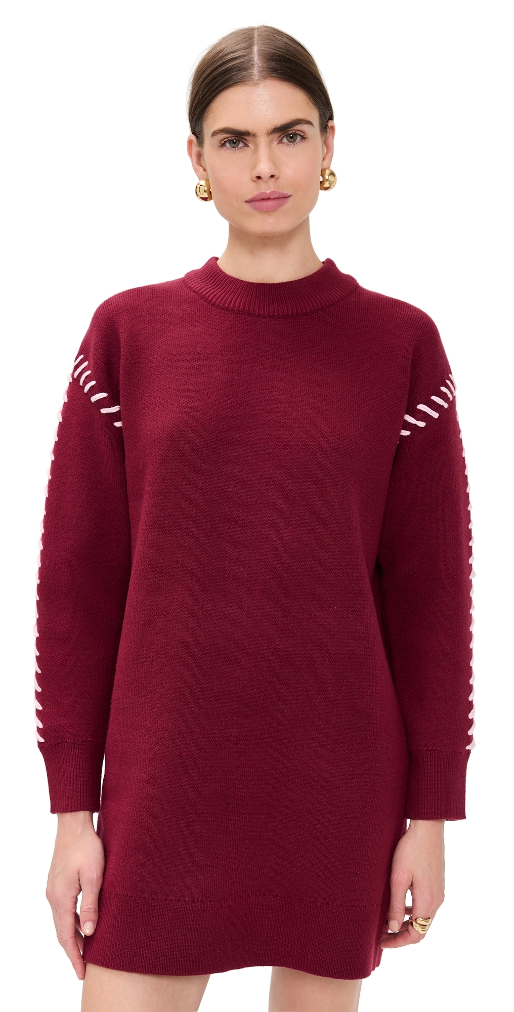Whip Stitched Knit Mini Dress Burgundy/Pink