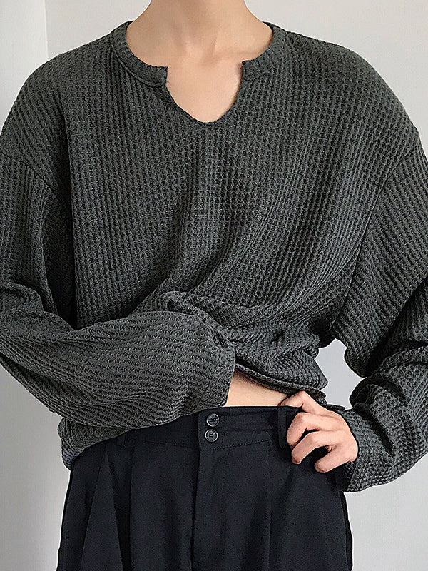 Mens Casual V-neck Pullover Long-sleeved T-Shirts SKUH76207 - Grey / S